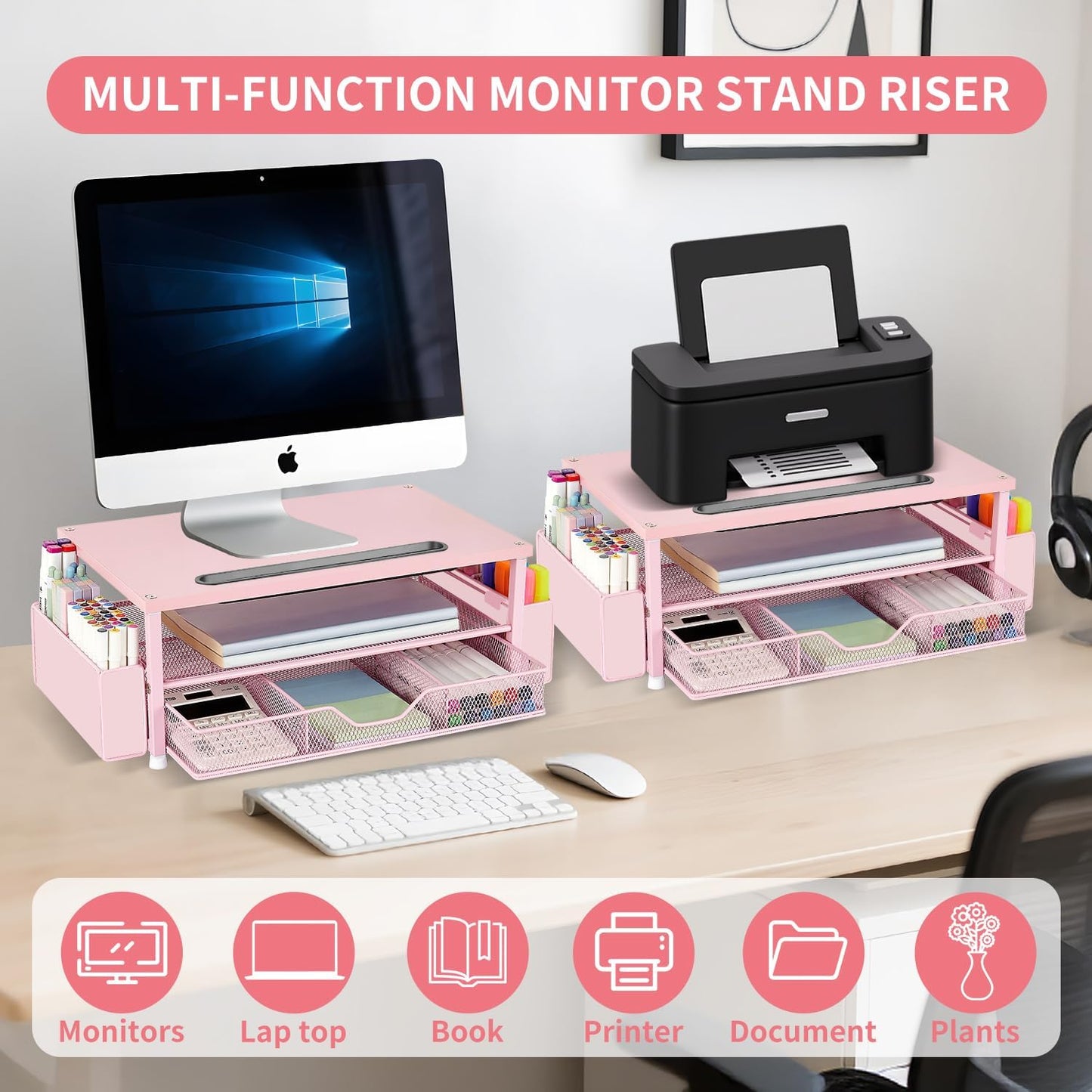2-Tier AUPSEN Pink Desk Organizers and Accessories, Wood Computer Monitor Stand with Drawer, Pen Storage & Phone
