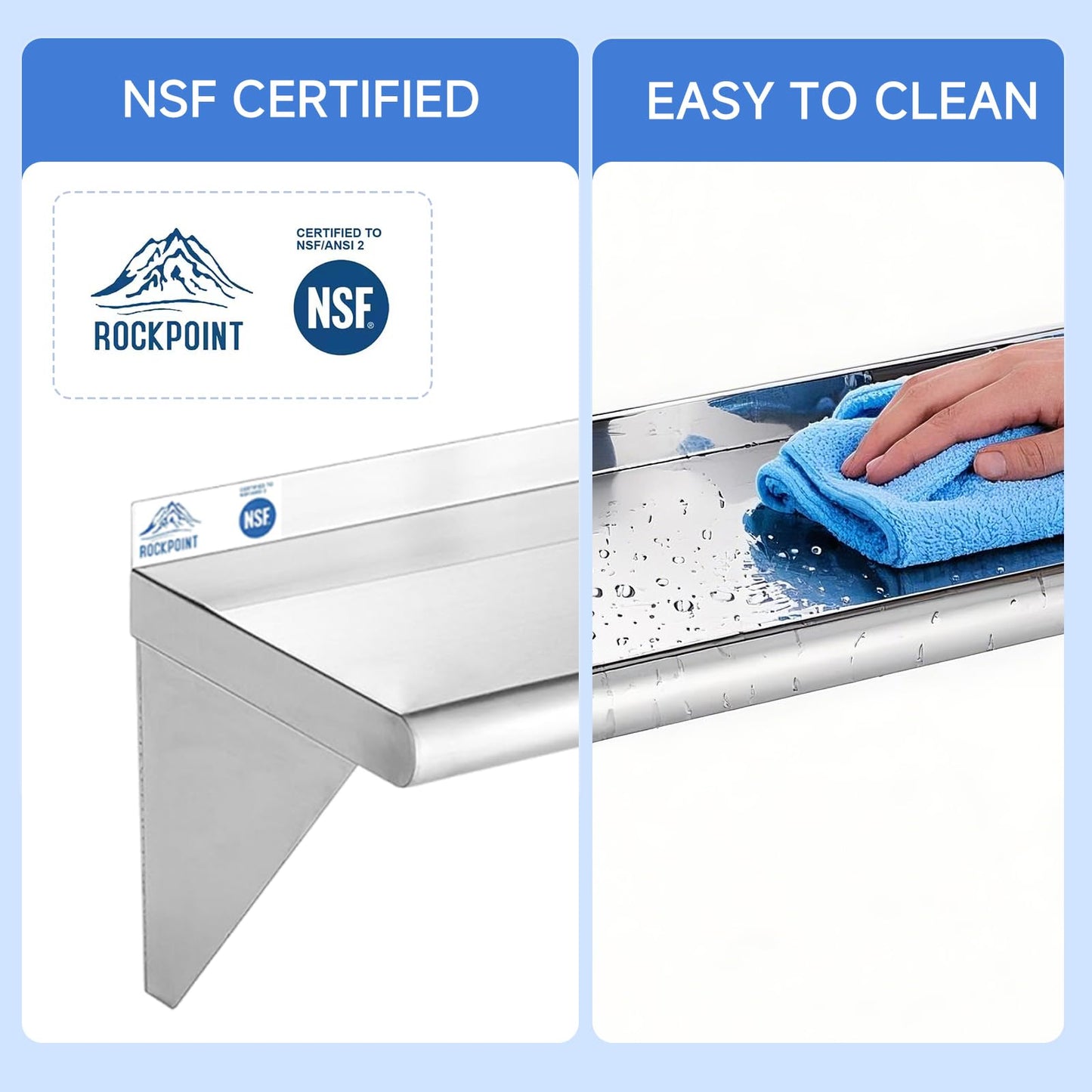 ROCKPOINT Stainless Steel Shelf 12 x 60 Inches 400lb, 2 Pack NSF Commercial Wall Mount Floating Shelving with Backsplash for Restaurant, Kitchen, Home and Hotel, Silver