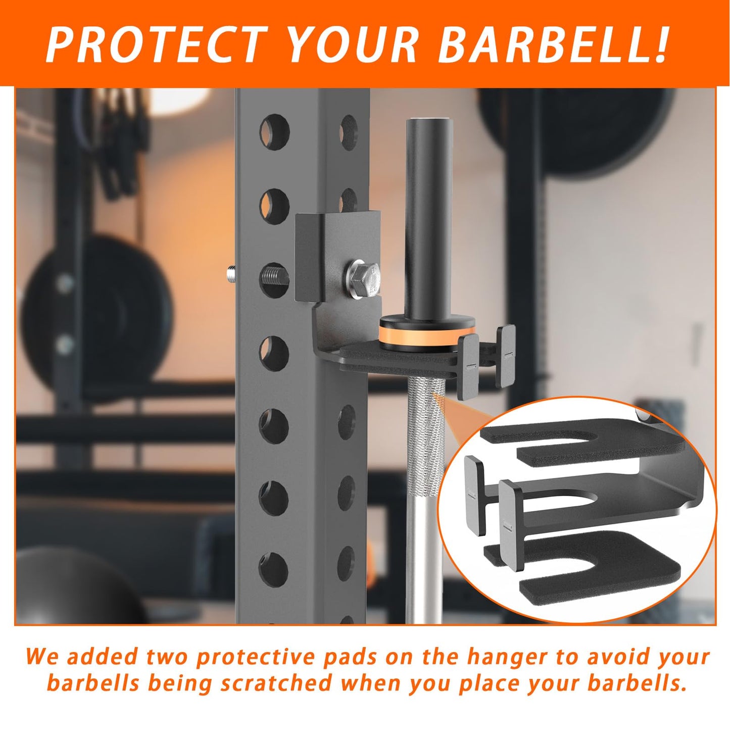 Barbell Holder for 2x2'' Power Racks, No Drilling Required – Heavy-Duty Steel Barbell Storage Rack with Protective Padding, Fits 5/8''-1'' Holes – Secure & Space-Saving Gym Equipment Organizer