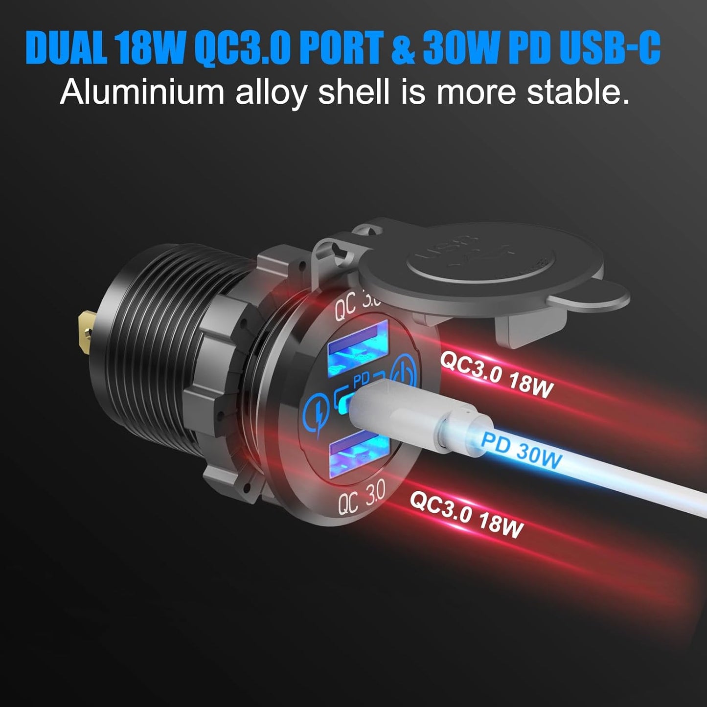 12 12V PD30W QC18W 150W 4 1 Volt USB Outlet RV Accessory Marine Switch Panel, Dual and Car USB Port Aluminum Charger