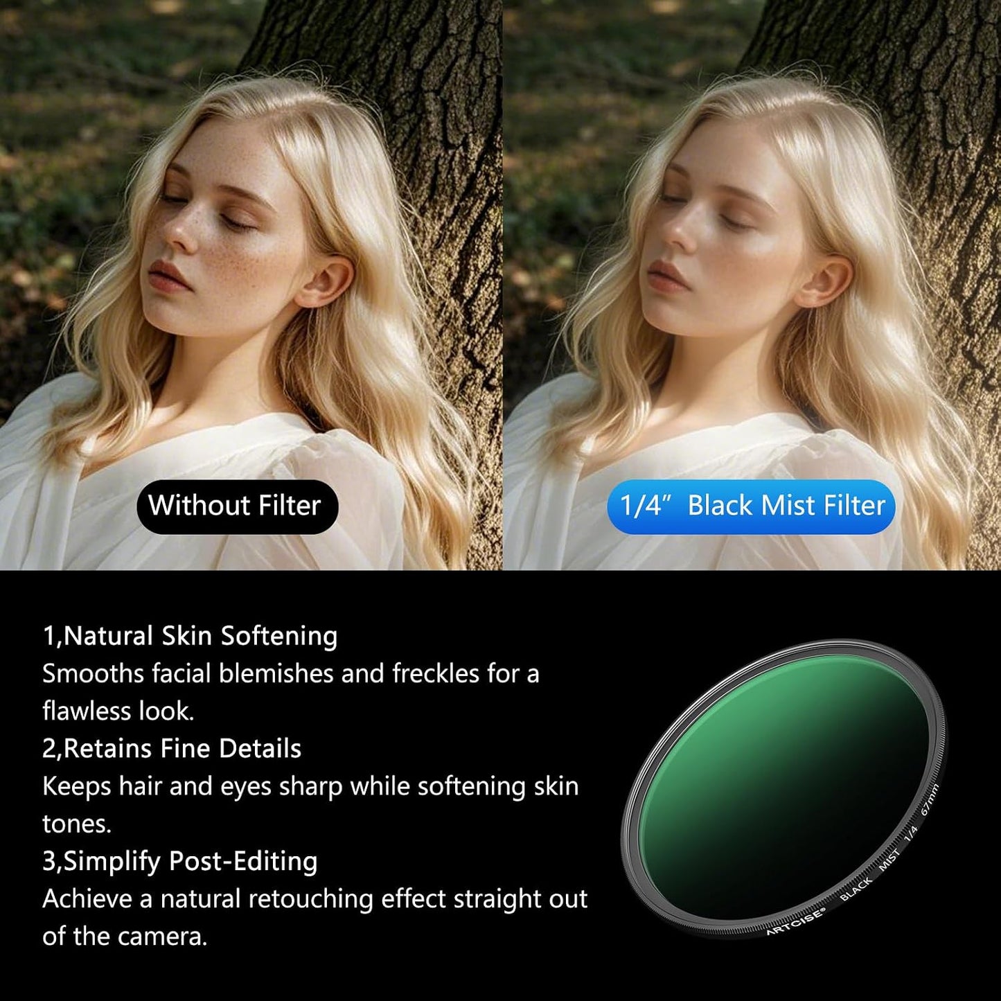 ARTCISE 1/4 67mm (77mm) Black Mist Filter - HD Optical Glass Filter for Cinematic Glow, Reduces Harsh Highlights