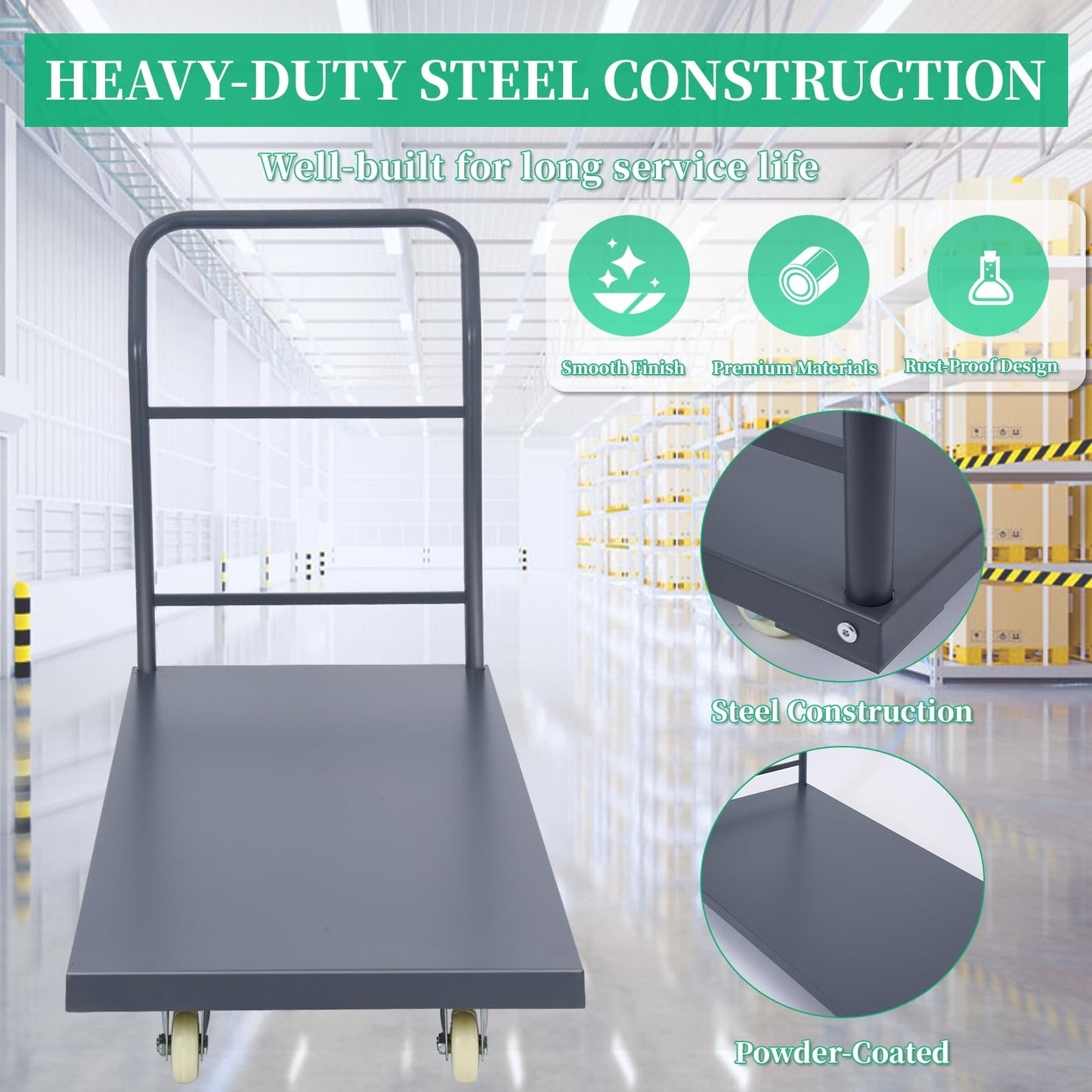 Heavy Duty Flatbed Cart 48"x24" Platform Truck, 2000 lbs Capacity Steel Hand Truck with 4 Swivel Wheels, Industrial Utility Push Cart for Warehouse, Garage, and Moving Supplies