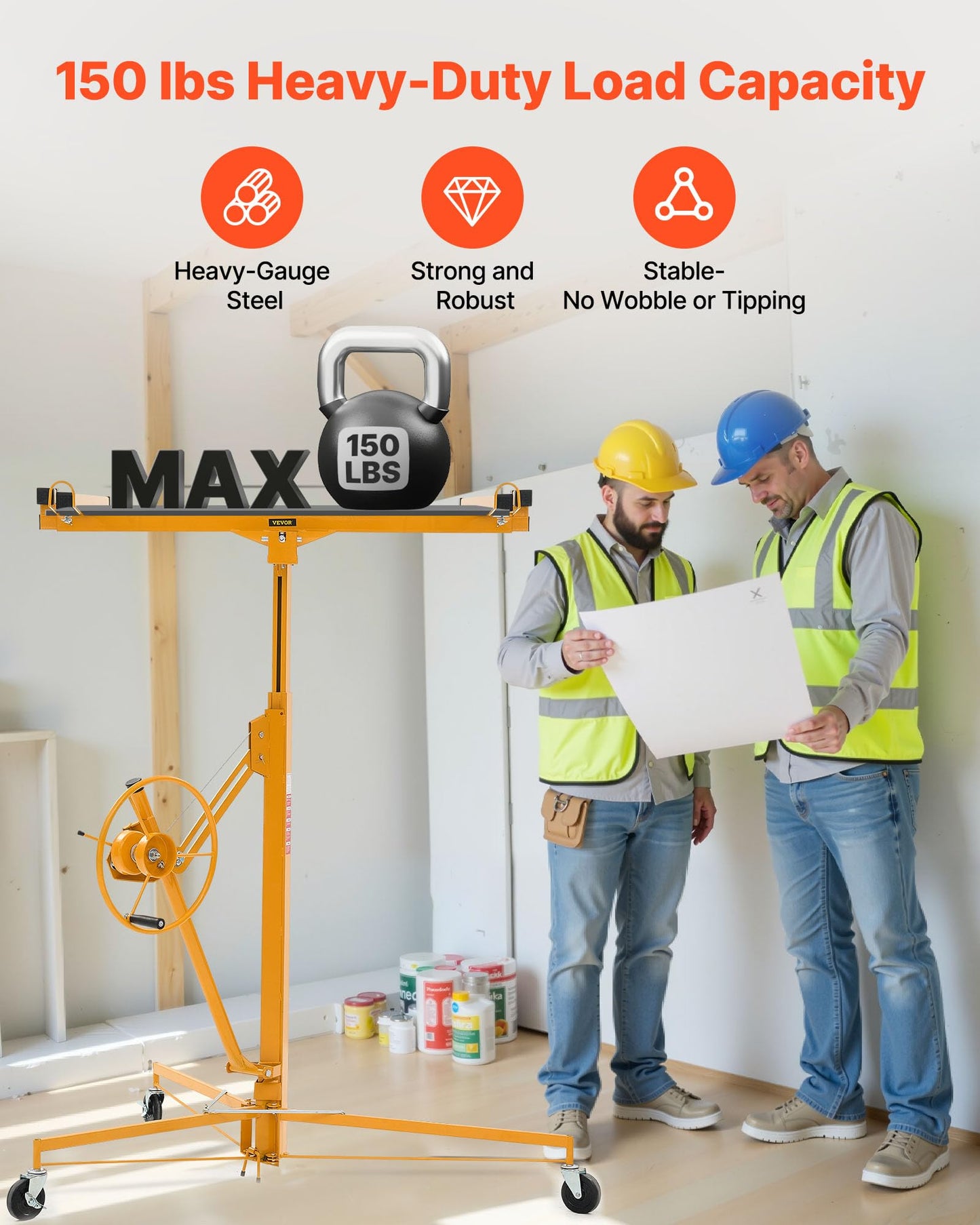 VEVOR 11ft Drywall Lift, Heavy-Duty 150 lbs Sheetrock Hoist with Adjustable Telescoping Arm, Lockable Wheels, Drywall Lifter Panel Jack Hoist Tools Ideal for Ceiling & Wall Installation (Yellow)