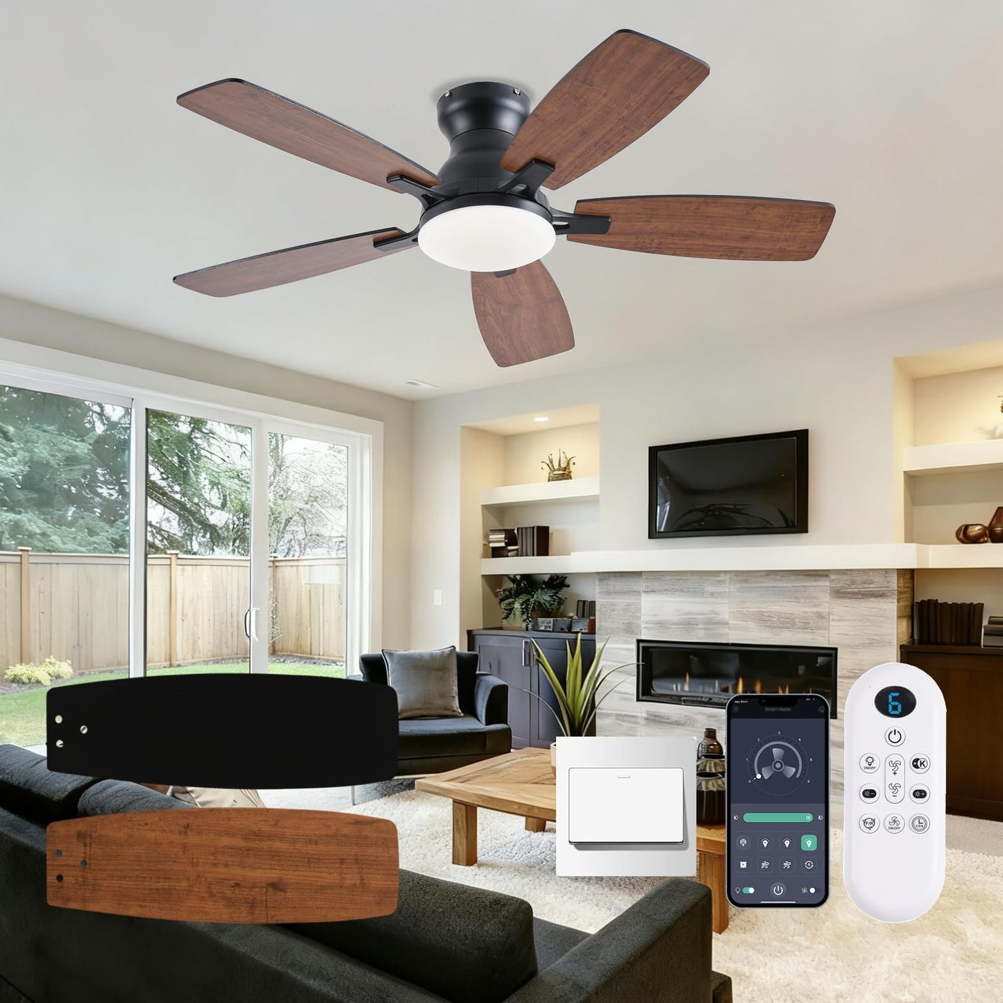 NKPU Ceiling Fans with Lights, Low Profile Ceiling Fan with Light and Remote/APP Control, DC Motor, Noiseless, Flush Mount, 42inch Brown Ceiling Fan for Bedroom Indoor/Outdoor Use