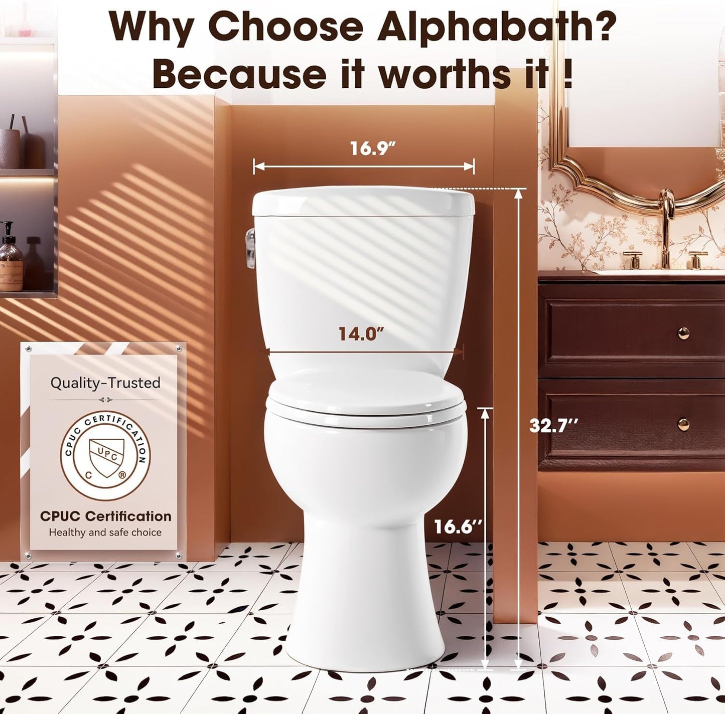 Alphabath Elongated Two Piece Toilet for Bathrooms, 17" ADA Comfort Height Toilets, 1.01 GPF Powerful Single Flush, Nano Self-Cleaning Glaze, Easy to Clean and Install, MAP1000g, 12" Rough-In