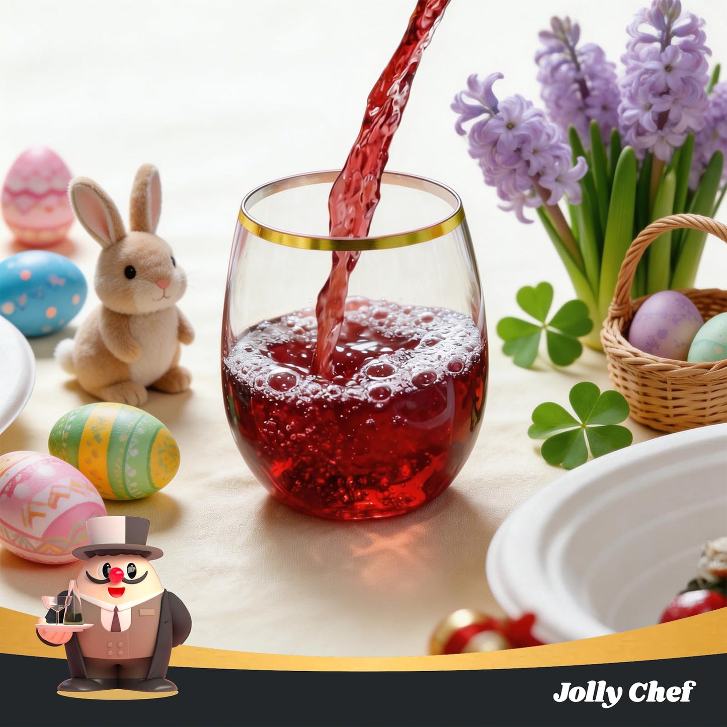 JOLLY CHEF 24 Pack 12 Oz Disposable Plastic Wine Glasses, Shatterproof, Unbreakable, Crystal, Stemless Plastic Wine Cups for Party, Halloween, Thanksgiving, Christmas