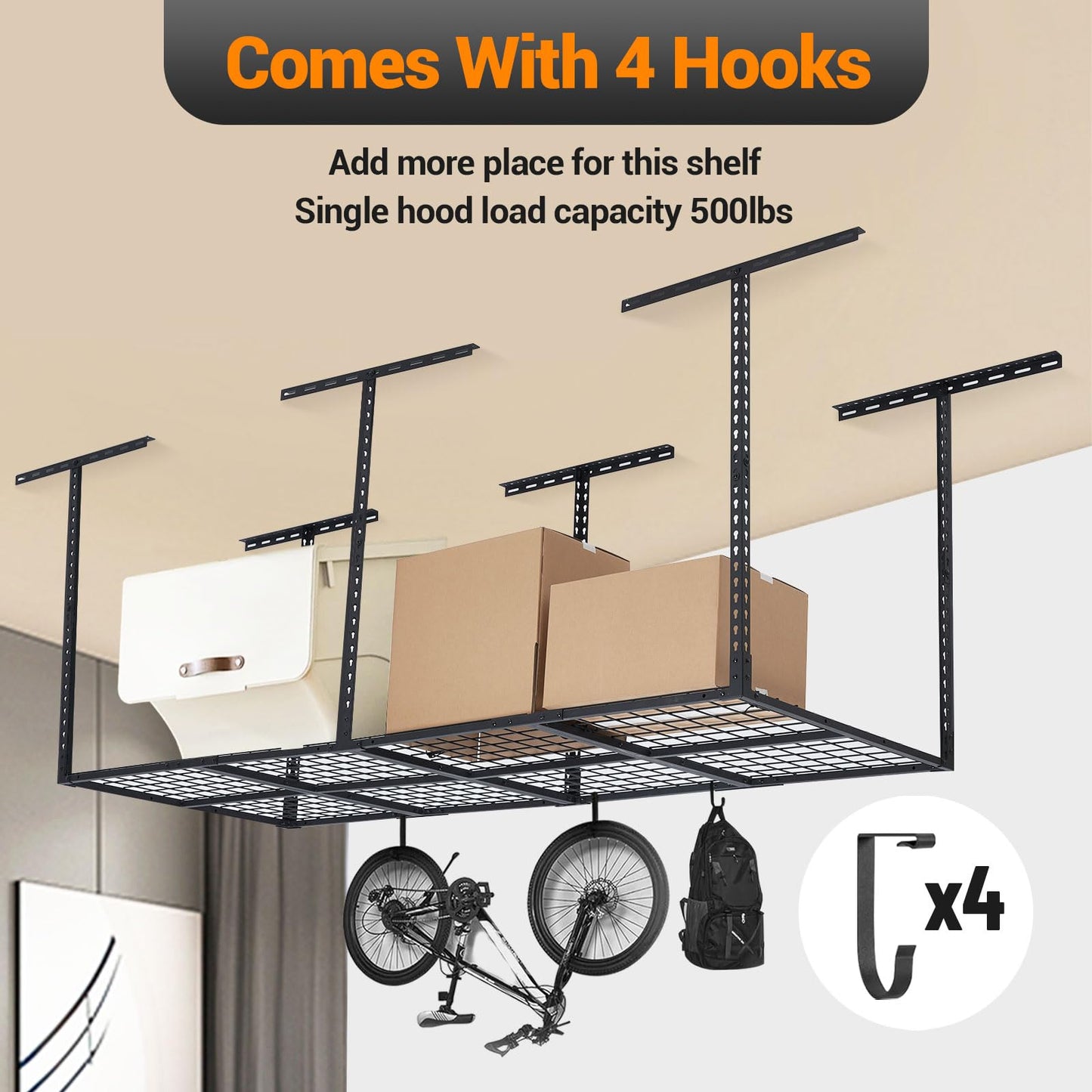 MERXENG 3X8FT Overhead Garage Storage Rack, 22"-40" Height Adjustable Garage Ceiling Storage Racks, Heavy-Duty Metal Storage Organization System, 600 LBS Weight Capacity, Black