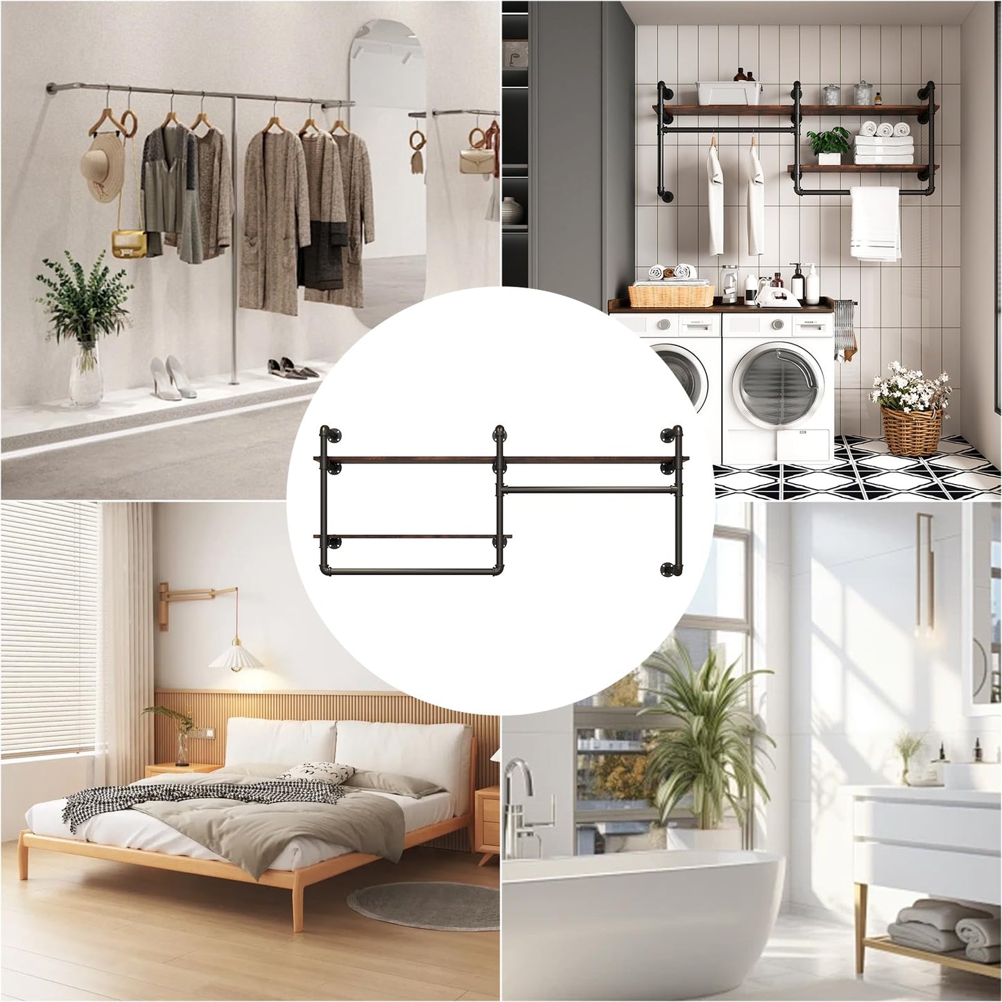 EDCB Industrial Pipe Clothing Rack Wall Mounted - Heavy Duty 2-Tier Closet Organizer with Wood Shelves & Dual Hanging Rods for Bedroom/Retail Store