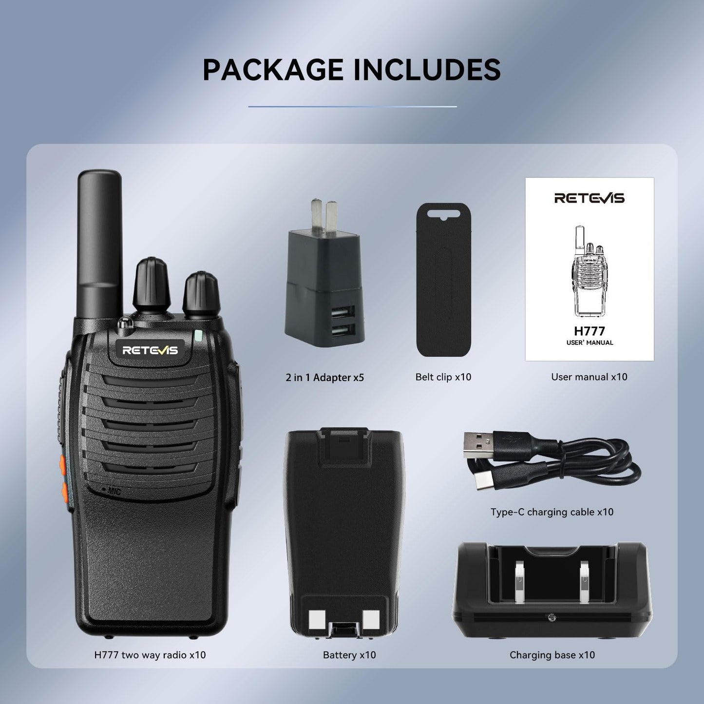 Retevis H-777 2 Way Radios, Walkie Talkies for Adults, Rechargeable Long Range Two Way Radio, Shock Resistant, Short Antenna for Business Education(10 Pack)