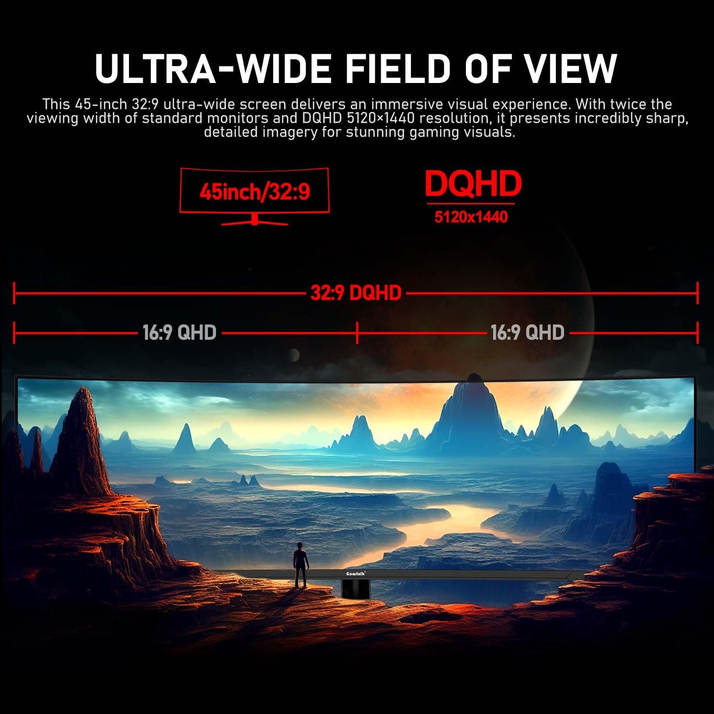 Gawfolk 45 inch Ultra-Wide Curved 1500R Gaming Computer Monitor, DQHD(5120×1440) PC Screen, 240Hz, 1MS, FreeSync, 120% sRGB, Built-in Speaker, HDMI2.1 & DP1.4, Compatible Wall Mount 100 * 00mm- Black