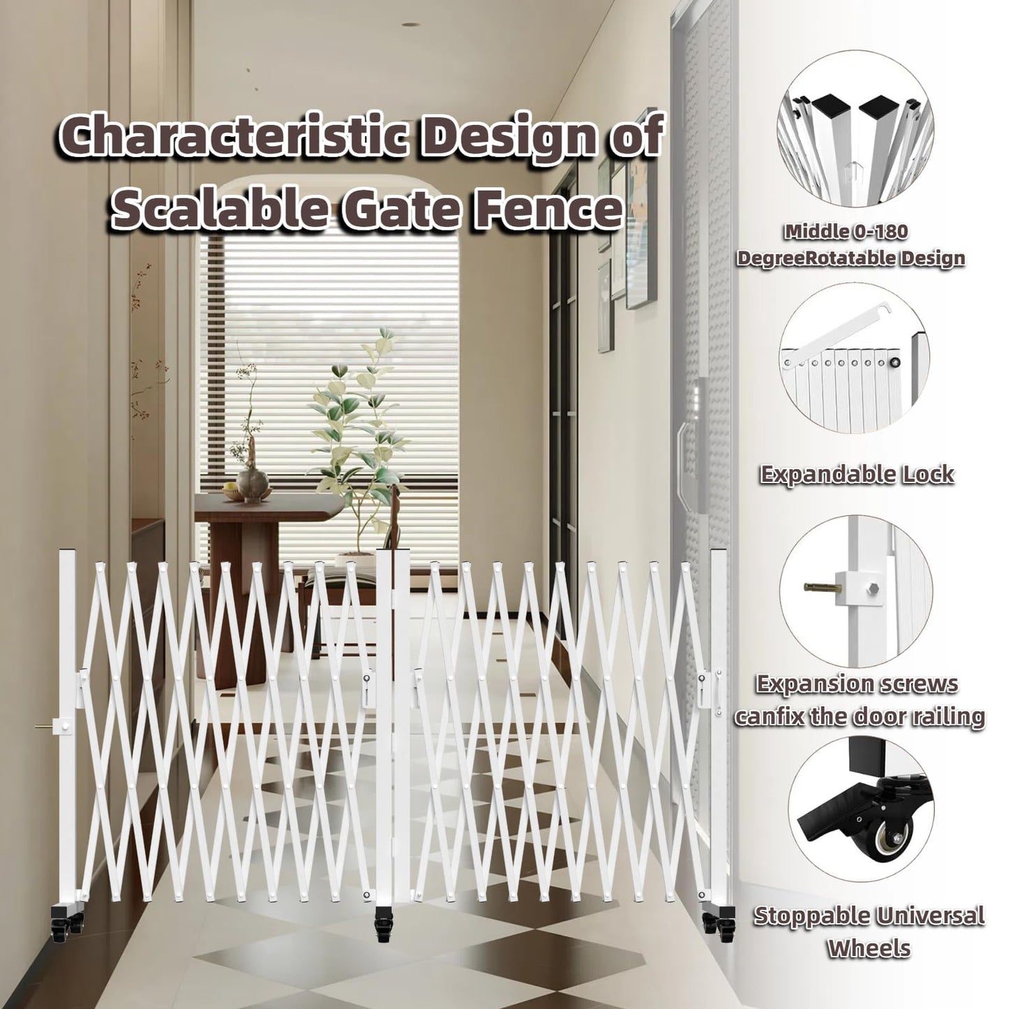 TSAYAWA Retractable Fence Outdoor, 213" Wide Expandable Driveway Gate for Dogs, Aluminum Portable Retractable Barricade for Garage, 18 Feet Expanding Security Gate with Casters, Rotatable, White