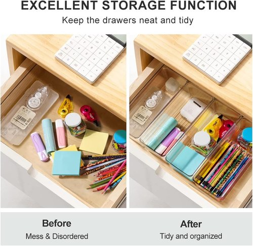Hudgan Clear Plastic Drawer Organizers - Stackable Deep Organizers for Makeup & Desk | 8 Pack, 2 Sizes