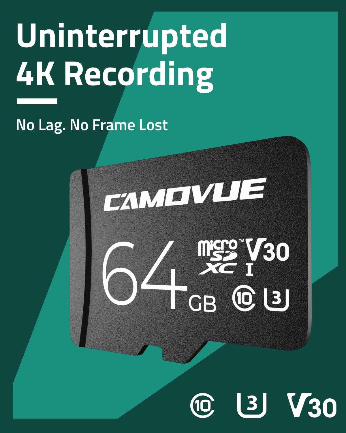 CAMOVUE 64GB Max.100MB/s 4K RLA-SD10,U3/C10/30, microSD Card, Read Speed, Ultra HD Transmission, Series Universal