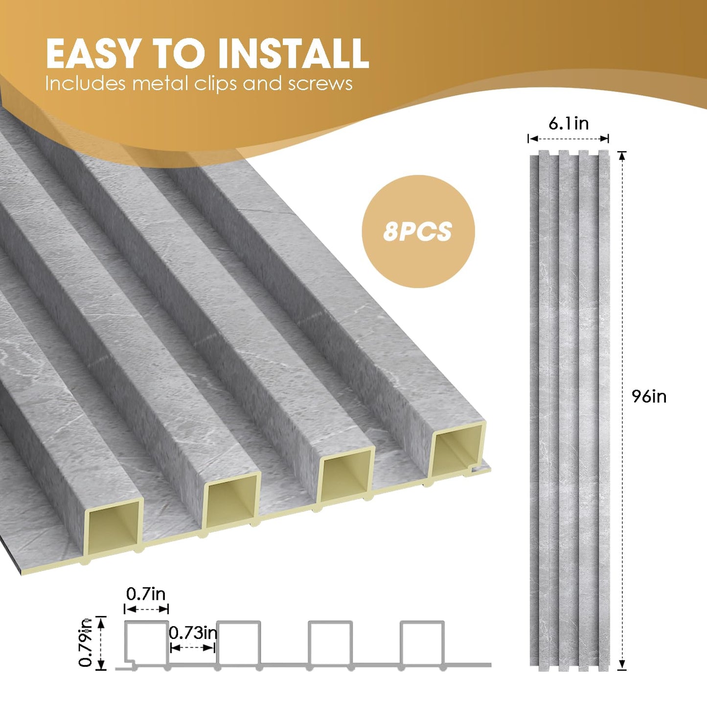 OUZUGIE WPC Acoustic Slat Wall Paneling, 8-Pack 96 x 6 Inches 3D Wall Panels for Interior Wall Decor,Living Room,TV Background,Study Room,Office Spaces,Bedroom,High Grille (Gray Marble)