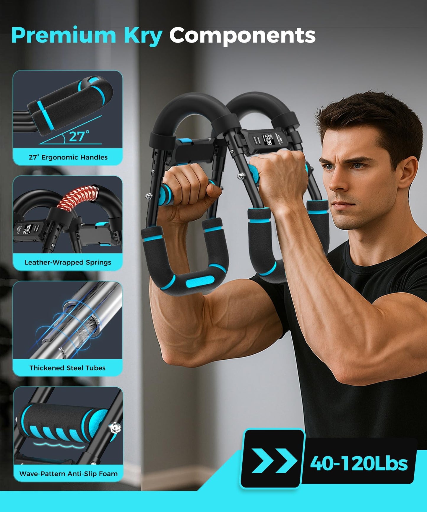Twister Arm Trainer & Chest Workout Equipment with Digital Display - Auto Reps & Calorie Estimator, 40-120 lbs Home Gym Chest Exerciser for Men, Blue Pro