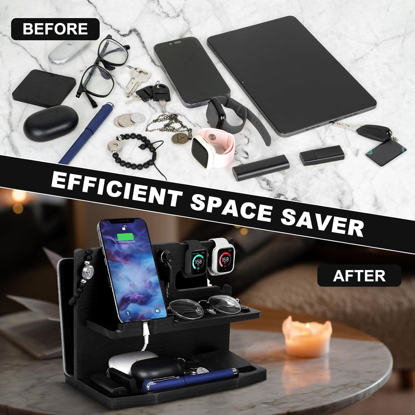 AliveByte Gifts for Men Desk or Nightstand Organizer - Wood Phone Docking Station - Birthday Gifts for Husband, Fathers
