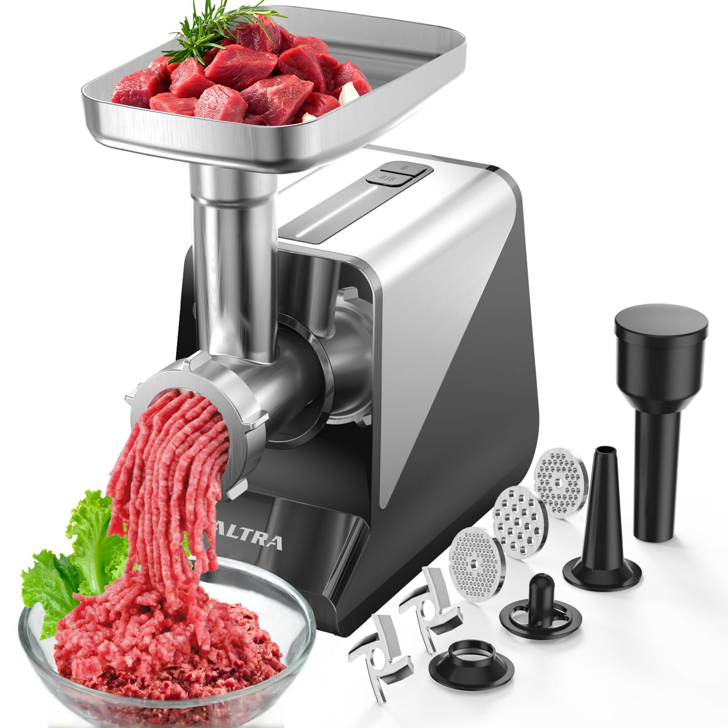 ALTRA LIFE #8 Meat Grinder, [3200W Max] Electric Heavy Duty Sausage Stuff with 2 Stainless Steel Blades and 3 Grinding Plates, Sausage Tube & Kibbe Kit, for Commercial & Home Use