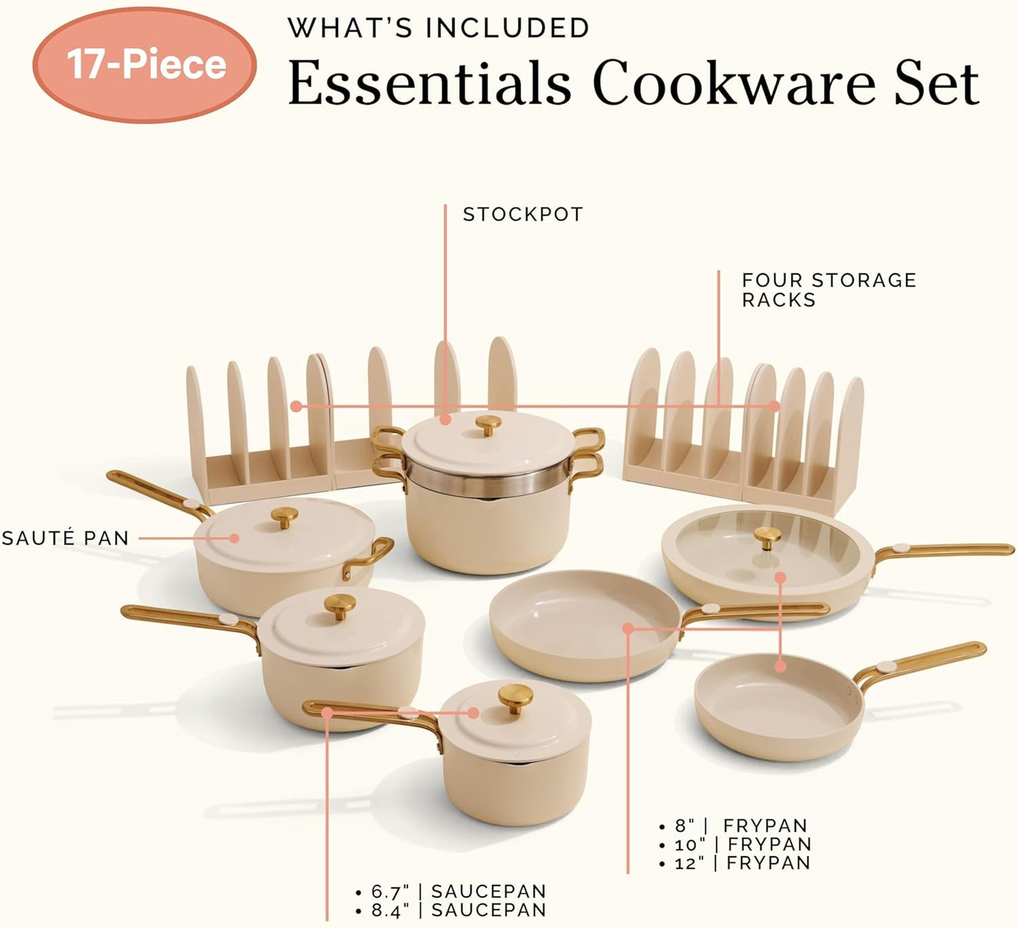 Our Place 17-Piece Complete Cookware Set - Nonstick Ceramic Fry Pans, Saucepans & Stock Pot | Oven Safe to 450°F | Cream