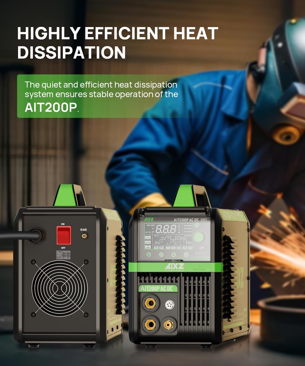 AIXZGLOBAL AIT200P AC/DC TIG Welder, 200A 110V/220V Aluminum Welding Machine with AC/DC TIG, Pulse TIG, Spot TIG, HF Start & Stick Welding, Foot Pedal Compatible, IGBT Inverter, Large HD Display