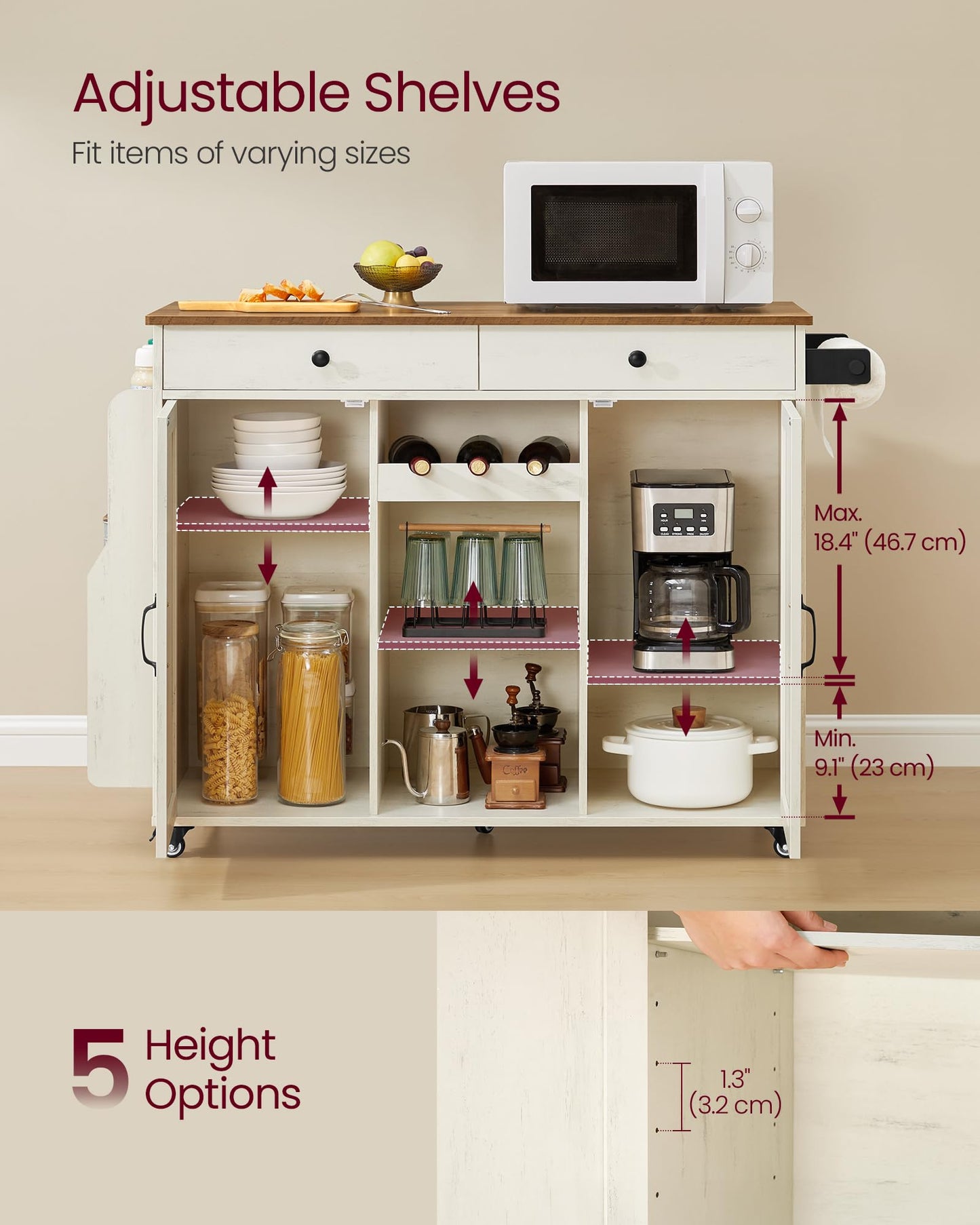 VASAGLE Mobile Kitchen Island with Drop Leaf, Portable Island with Spice Rack, Mobile Cart with Storage Cabinet, 17.7-28.7 x 49.3 x 36 Inches, for Dining Room, Rustic White and Honey Brown UKKI012W01