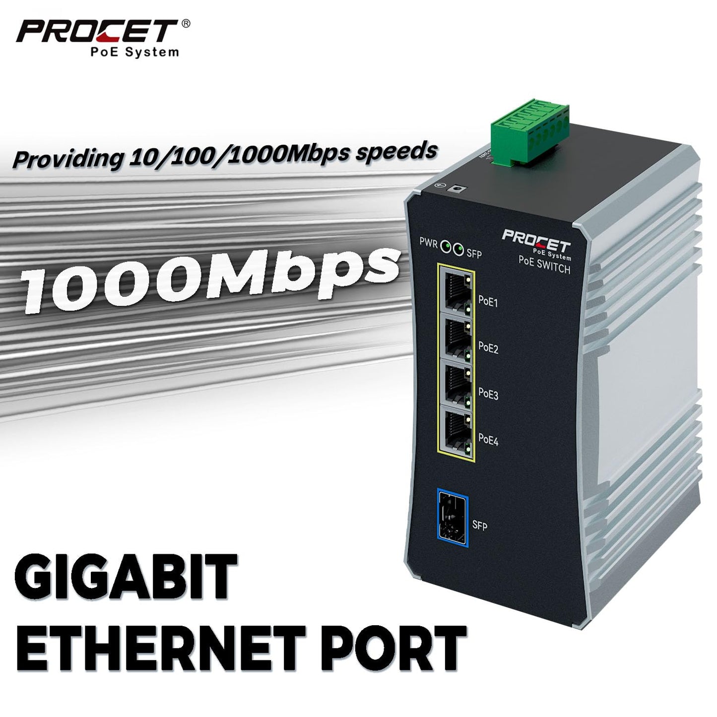 PROCET Gigabit PoE Switch 4-Port Din Rail, 90W/Port, Industrial PoE++ Fiber Media Converter with Wide Temp -40°F to 149°F, SFP Slot, Boost, 12-57V DC Input, IEEE802.3af/802.3at/802.3bt, PT-PIS4PB1S-E