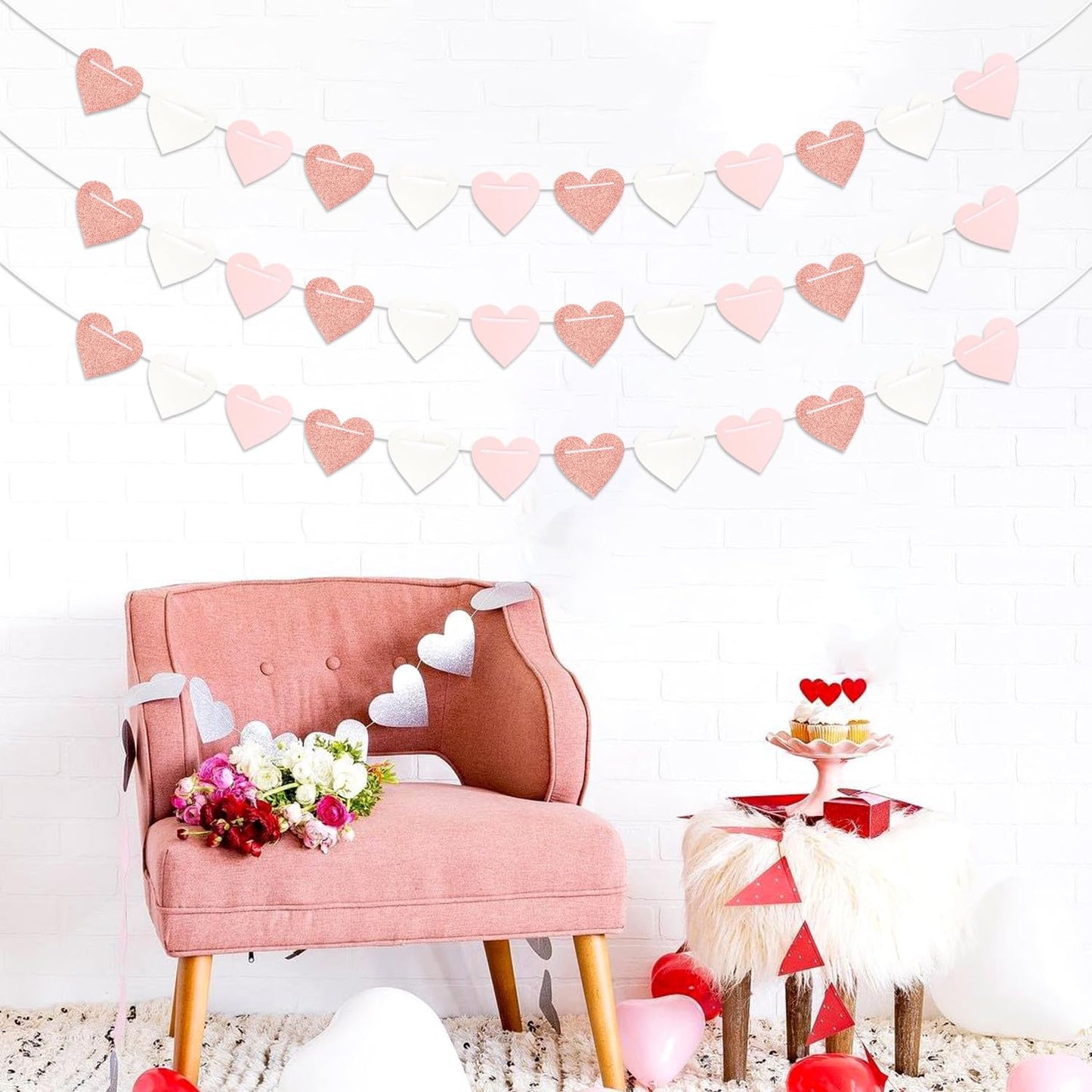 Rose-Gold Light Pink-White Party-Decorations Heart-Garland - 40ft Valentines Glitter Streamers Banner,Galentines Women Romantic Special Night Wedding Bachelorette Birthday Backdrop Decor Burgleda
