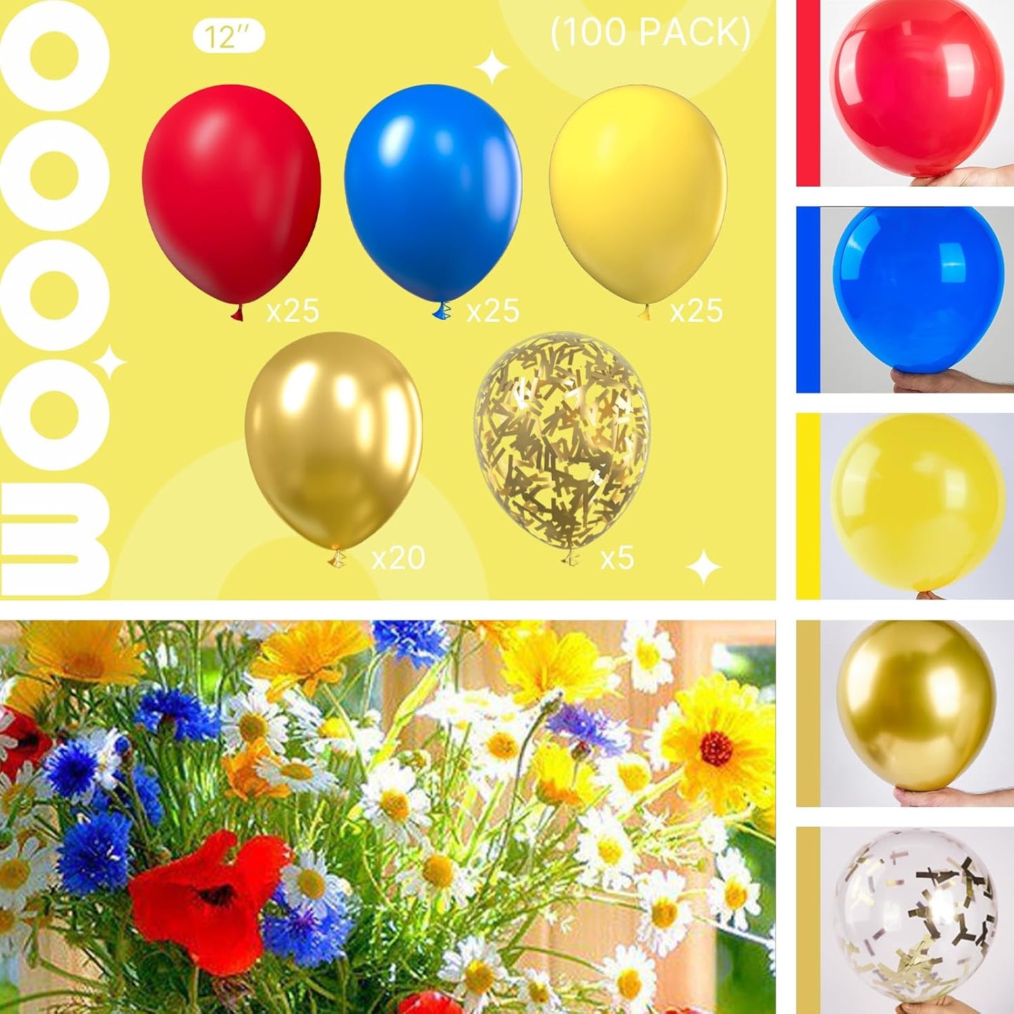 PartyWoo 12-Inch Latex Balloons - 100 Pcs Red, Yellow & Blue for Baby Showers, Graduations & More