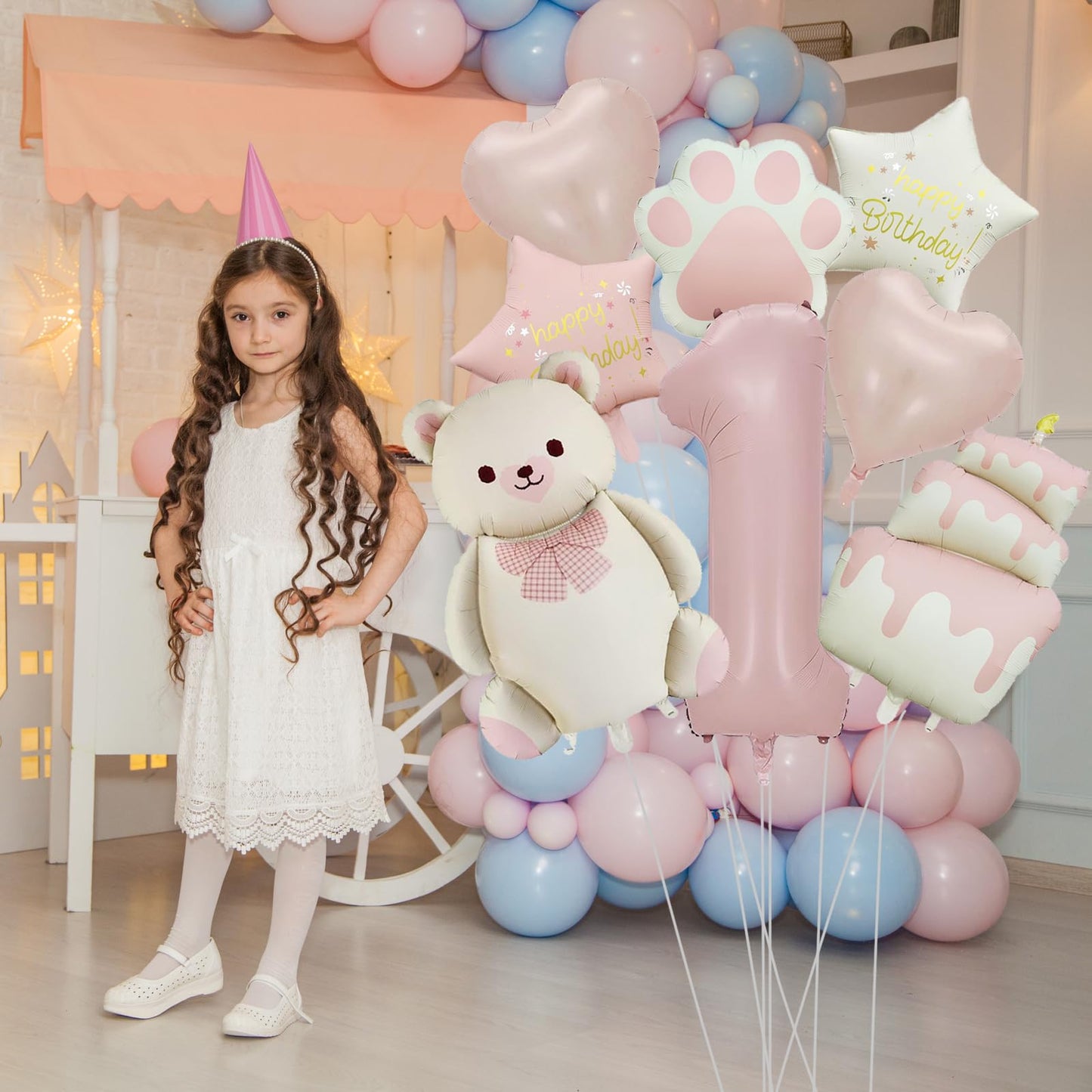 Panouo 8-Pack Matte Bear Party Balloons, Pink Foil Balloons, 1-Year-Old Girl Birthday Party Decorations, Bear Theme Party Decorations(1)