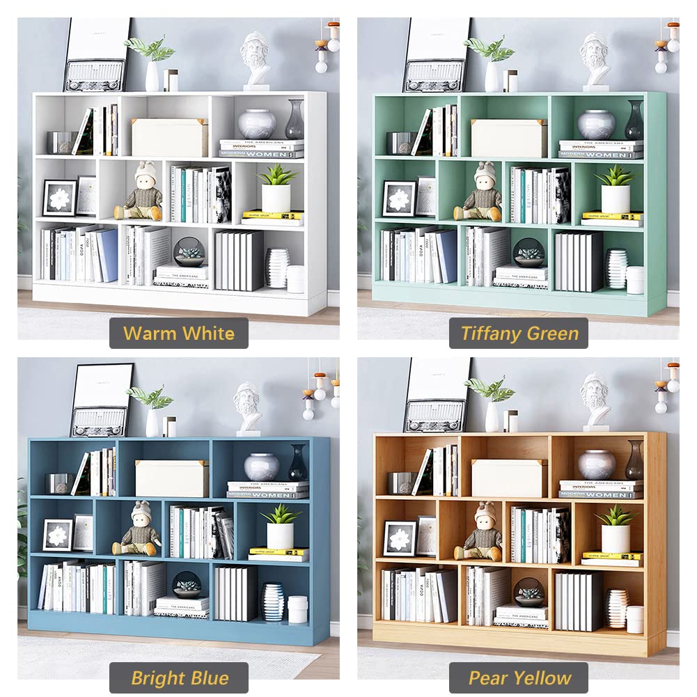 IOTXY Open Shelf Low Bookcase - Wooden 3-Tier Floor Standing Display Cabinet Organizer with Base, 10 Cubes Short Horizontal Bookshelf in Bright Blue
