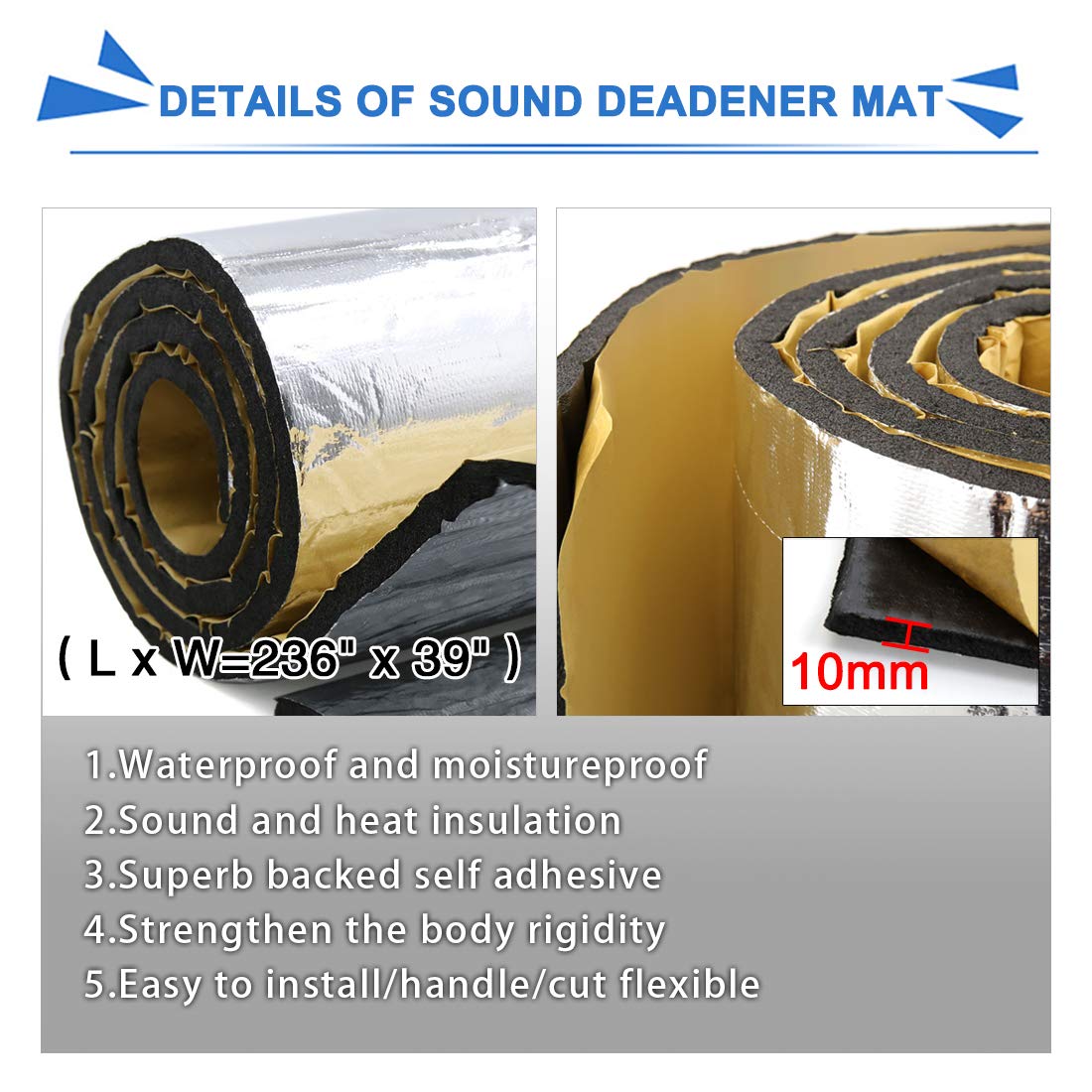 uxcell 394mil/10mm 64.5sqft Sound Deadening Heat Deadener Insulation Mat Intensive Alumium Foil Acoustic Barrier Self-Adhesive 236"x39" / 600cmx100cm