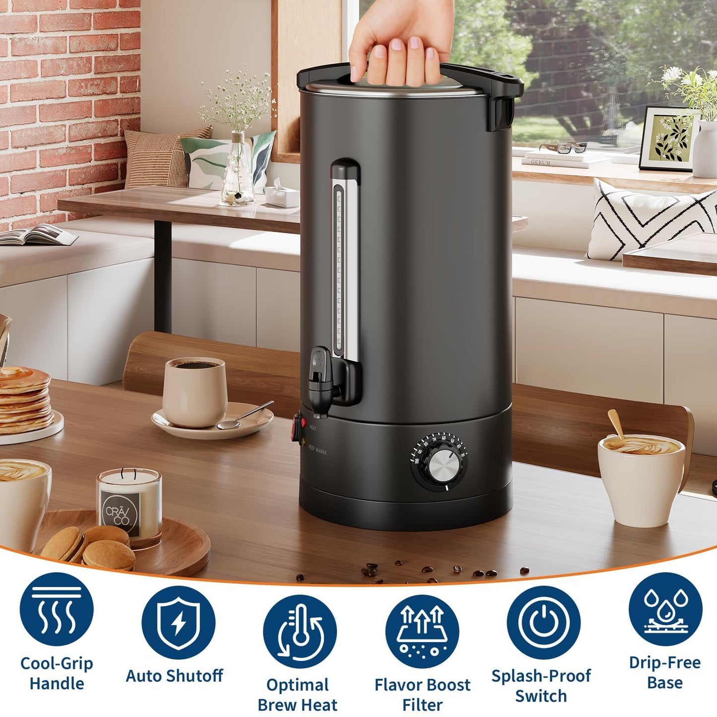 120 Cup Coffee Urn, 18L/4.8Gal Stainless Steel Hot Beverage Dispenser, Fast Brew Rapid Extraction, Auto Temperature Control Faucet, Commercial Hot Water Urn for Party Buffet Catering, Black
