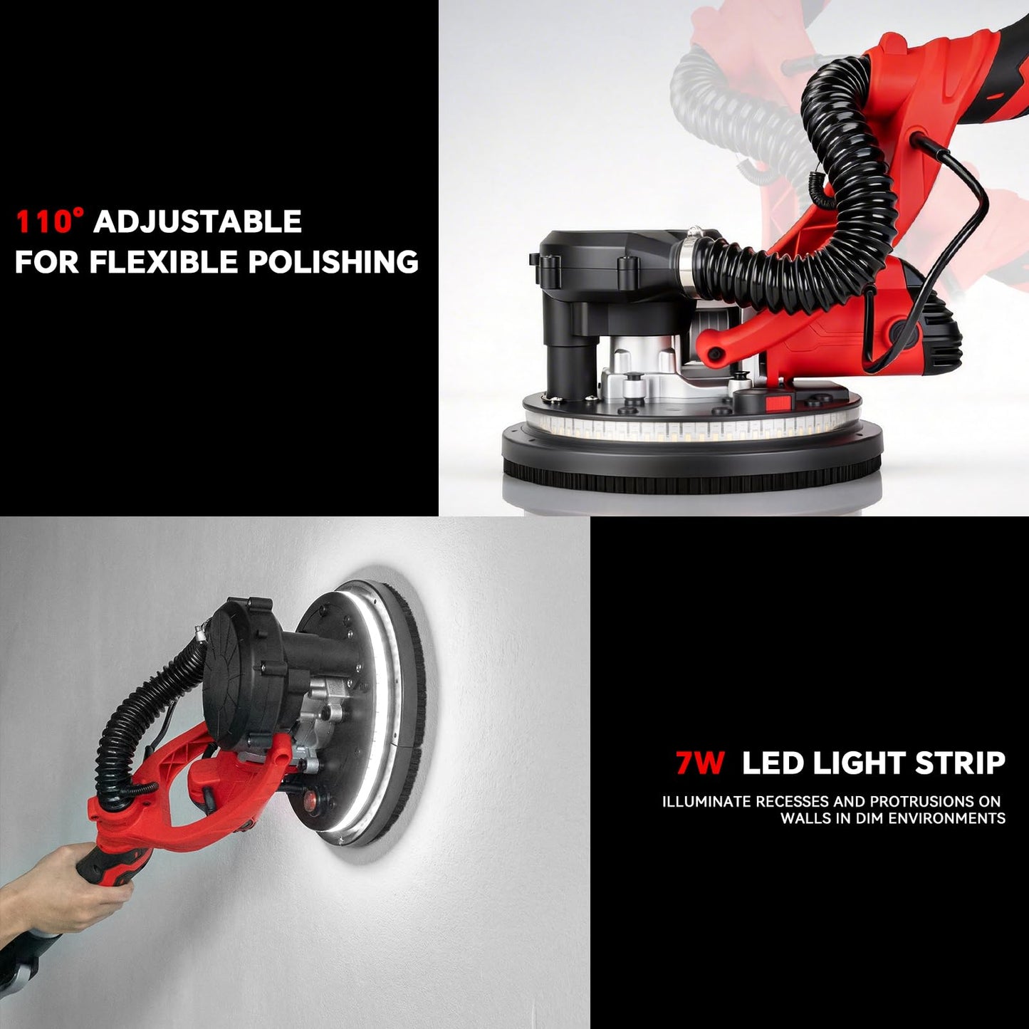 AEROPRO Tools Electric Drywall Sander 800W with Vacuum Dust Collection, Popcorn Ceiling Remover, 800-1800RPM, Soft Start, LED Light, Foldable & Extendable Handle, 12 Sanding Discs & 1 Polishing Pad