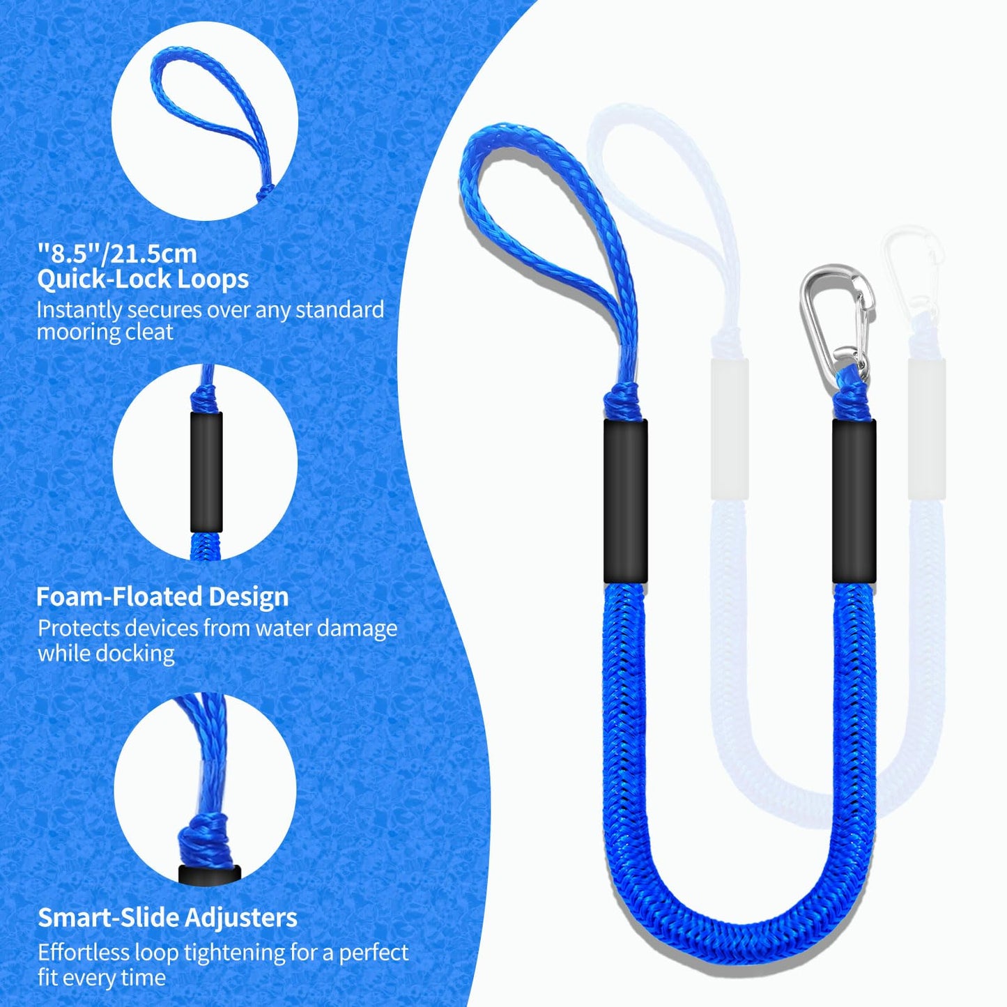 ZRSCHYG Bungee Dock Lines for Boats – Single Hook Heavy-Duty Elastic Anchor Rope – Secure Boat Dock Lines, Potoon Mooring & PWC Tie Downs (Blue, 4 FT)