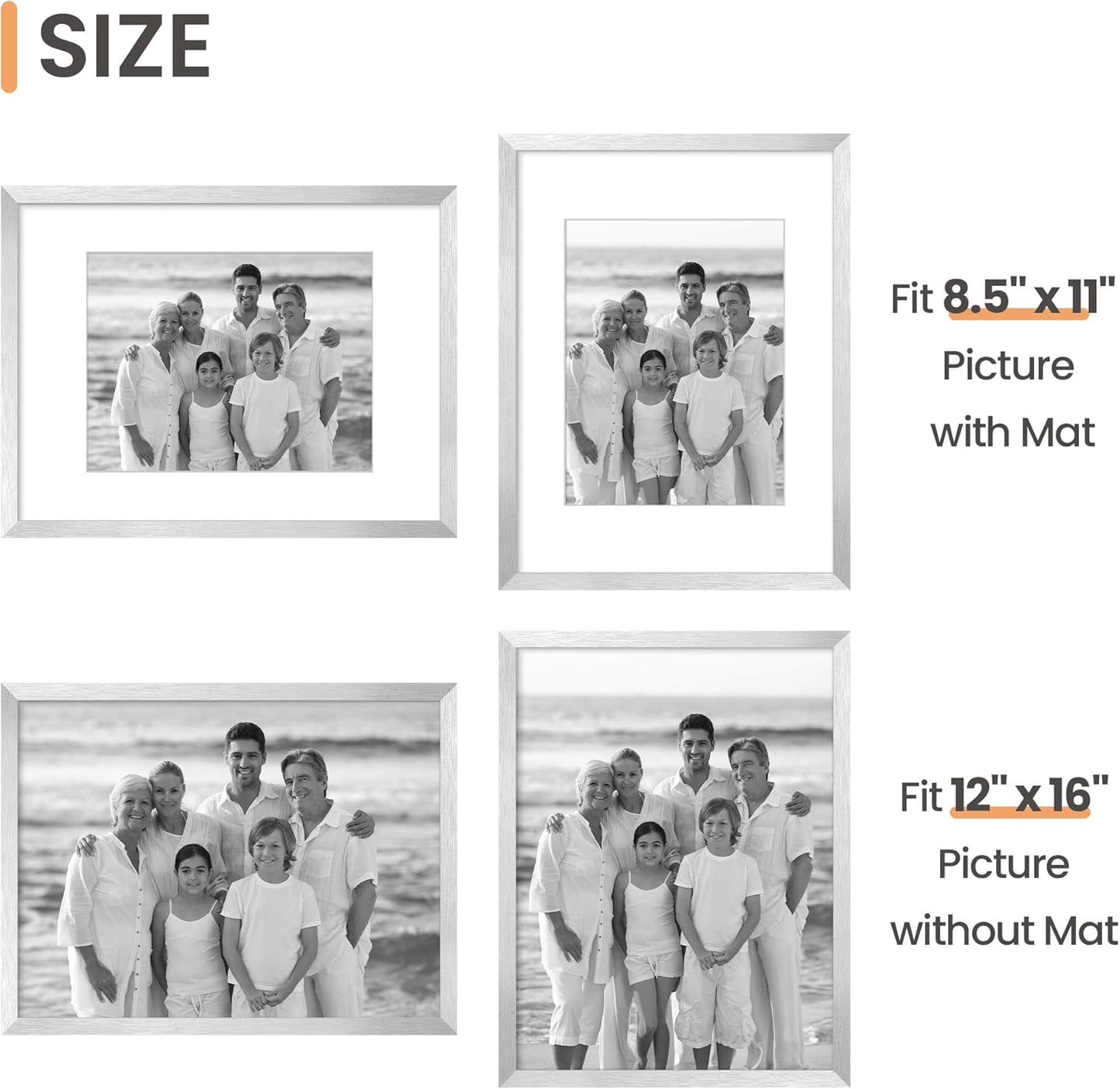Upsimples 12x16 Picture Frame - Versatile Wall Hanging for 8.5x11 Photos or 12x16 Without Mat - Silver Finish