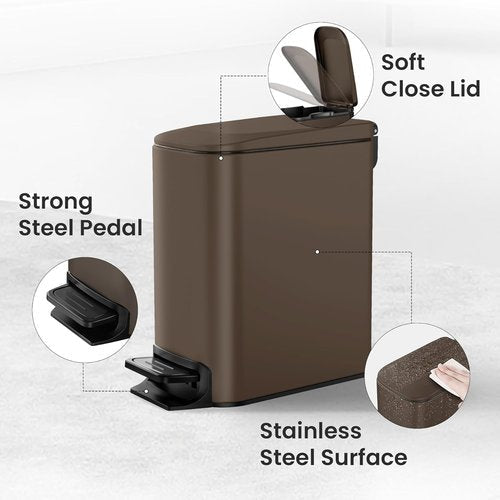 Cesun Stainless Steel Bathroom Trash Can - 6 Liter Soft Close Lid & Step Pedal | Anti-Fingerprint Finish (Brown)