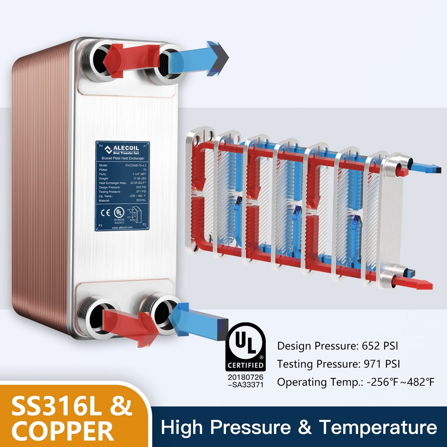 ALECOIL 5"x12"-70 Plates Heat Exchanger with 1-1/4" MPT Port Water to Water 316L Stainless Steel Brazed Plate Heat Exchanger for Water Heating, Floor Heating, Industrial and Commercial Refrigeration