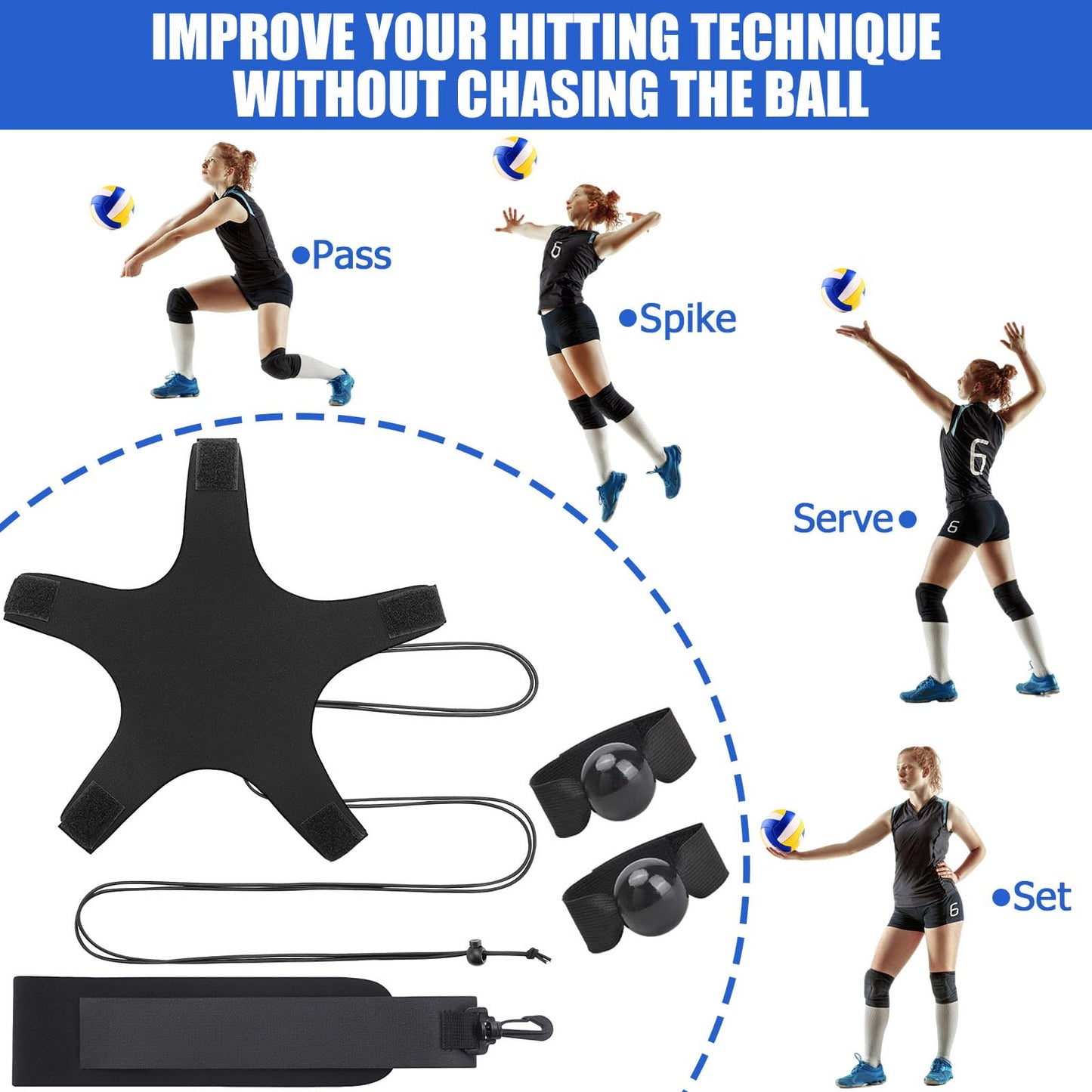 TOBWOLF Volleyball Training Equipment Aid, Elastic Self-Training Volleyball Resistance Band with Adjustable Waist Belt & Ball Pouch & Hand Strap for Practicing Serving, Spiking, Arm Swing Passing