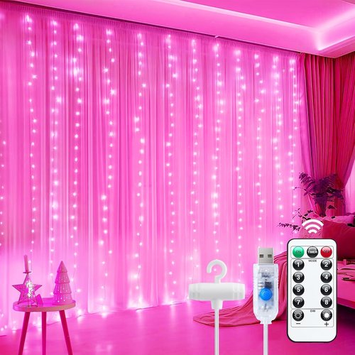 Minetom 300 LED Curtain Lights - Dimmable Fairy Lights with Remote & Timer | Pink USB String Lights for Indoor Decor