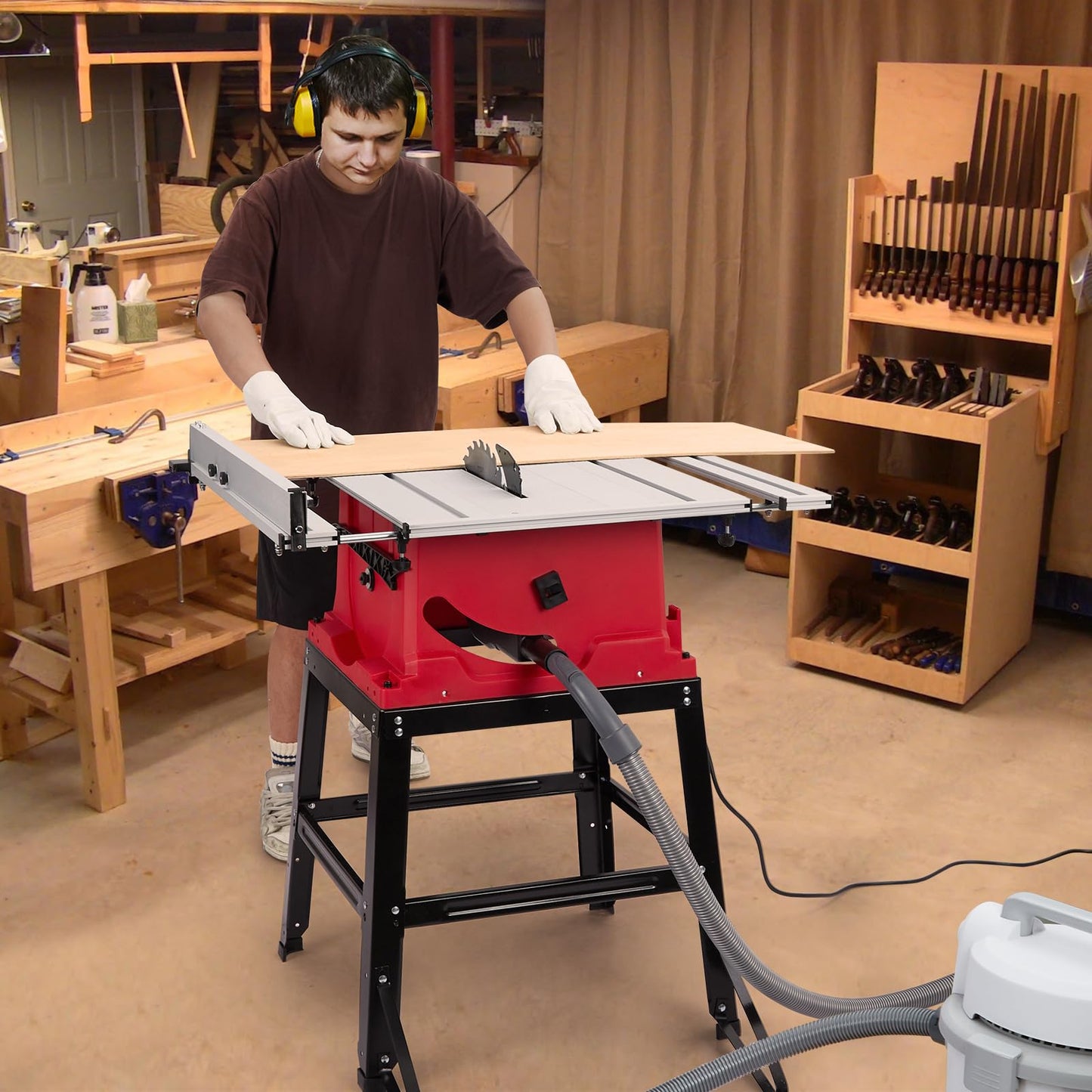 Table Saw, 10 Inch 15A Multifunctional Saw With Stand & Push Stick, 90° Cross Cut & 0-45° Bevel Cut, 5000RPM, Adjustable Blade Height for Woodworking, Red