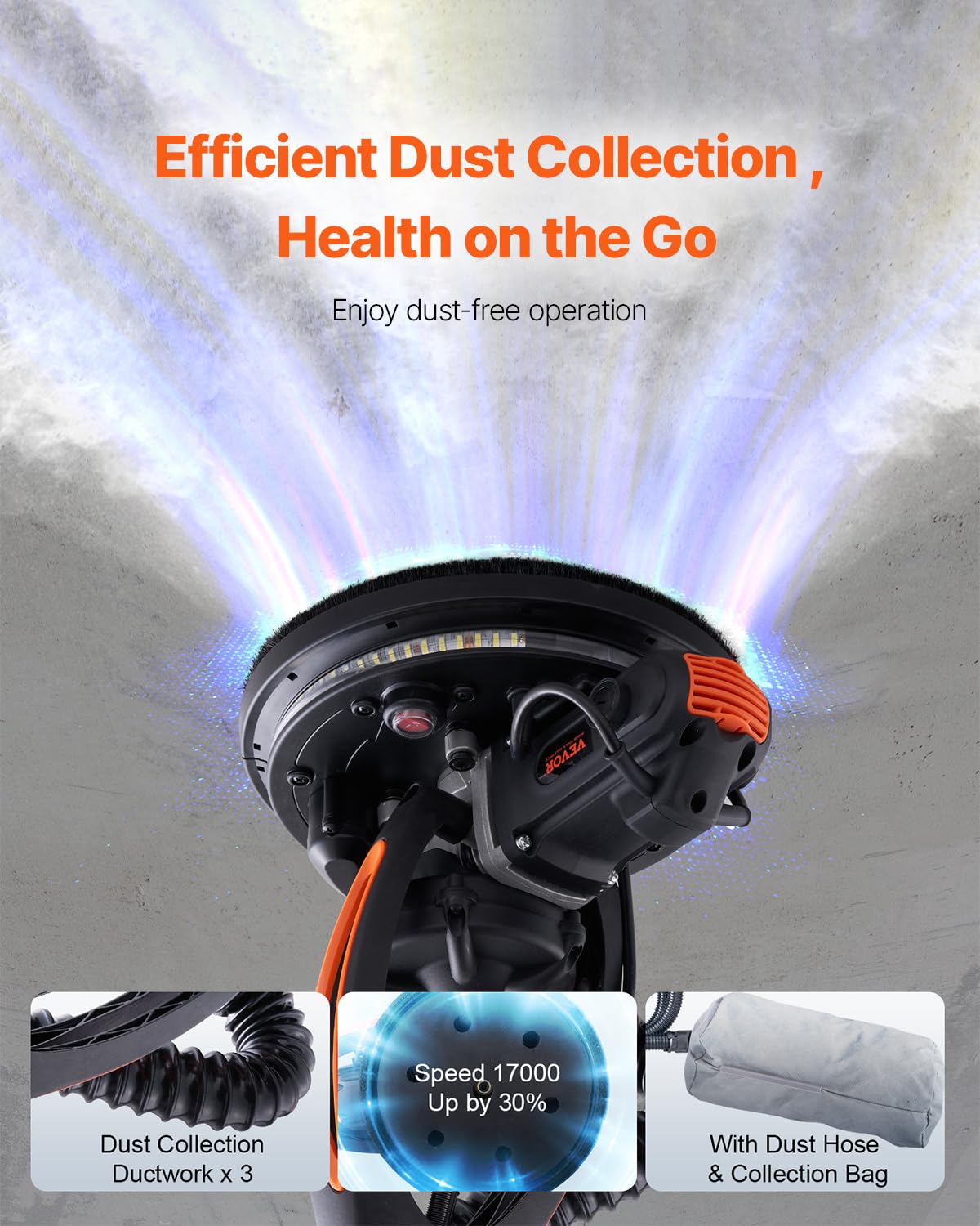 VEVOR Wall Smoother, 900W Electric Tool with 12 Sanding Discs, 800 to 1800 RPM Speed, 3 Vacuum Hoses, Collapsible for Ceiling Use, Dual LED Lights, Telescoping Handle, and Built-in Dust Collector