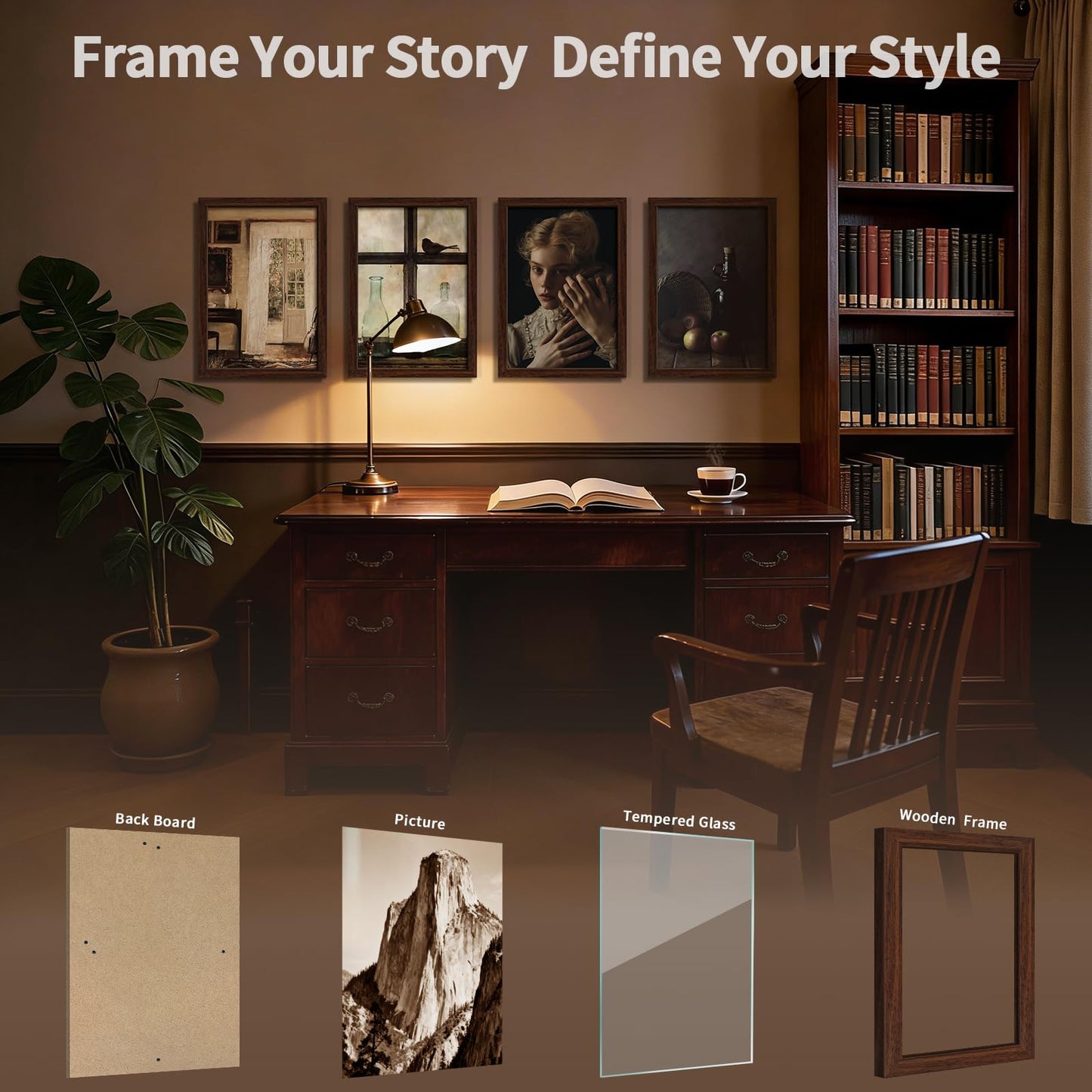 KissNow 13x19 Picture Frame 4 Pack, Brown Wood 19x13 Poster Frame, Tempered Glass, Vertical or Horizontal Wall Display for Photos & Art Prints