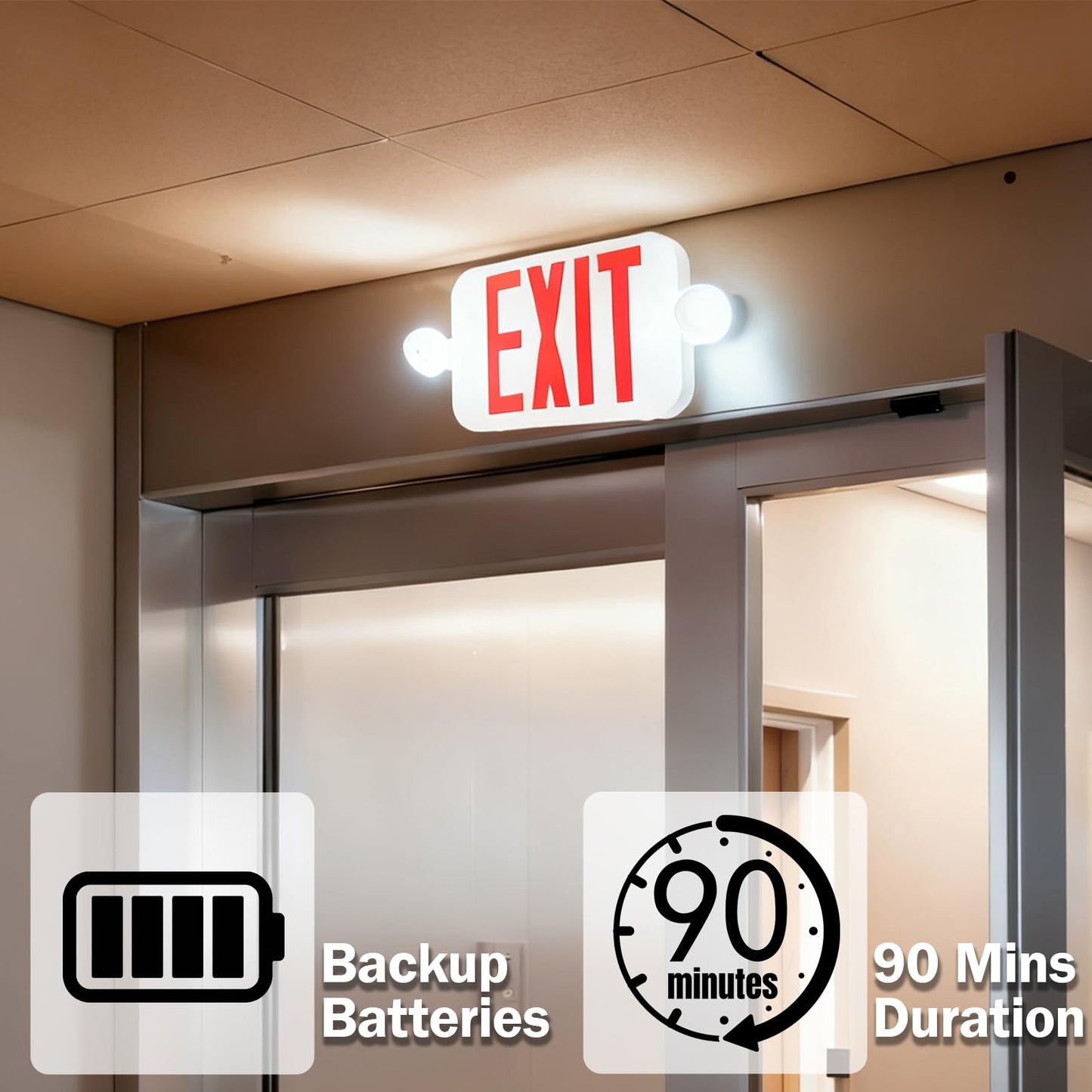 LIT-PaTH LED Combo EXIT Sign with 2 Adjustable Head Lights and Double Face, Back Up Batteries- US Standard Red Letter Emergency Exit Lighting, UL 924 and CEC Qualified, 120-277 Voltage, 2-Pack