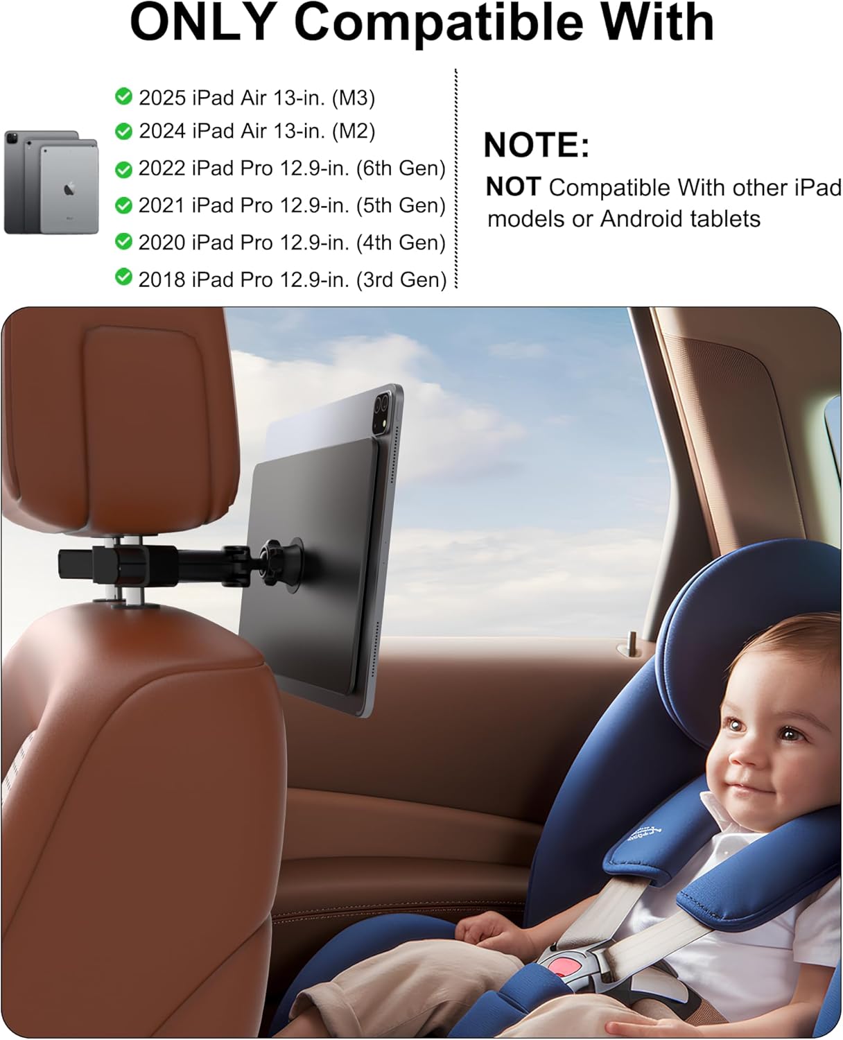 QJYKIONE 12.9 13 M2/M3, 12.9 (3rd/4th/5th/6th Magnetic Car Headrest Tablet Holder for iPad Pro & iPad Air Road Trip