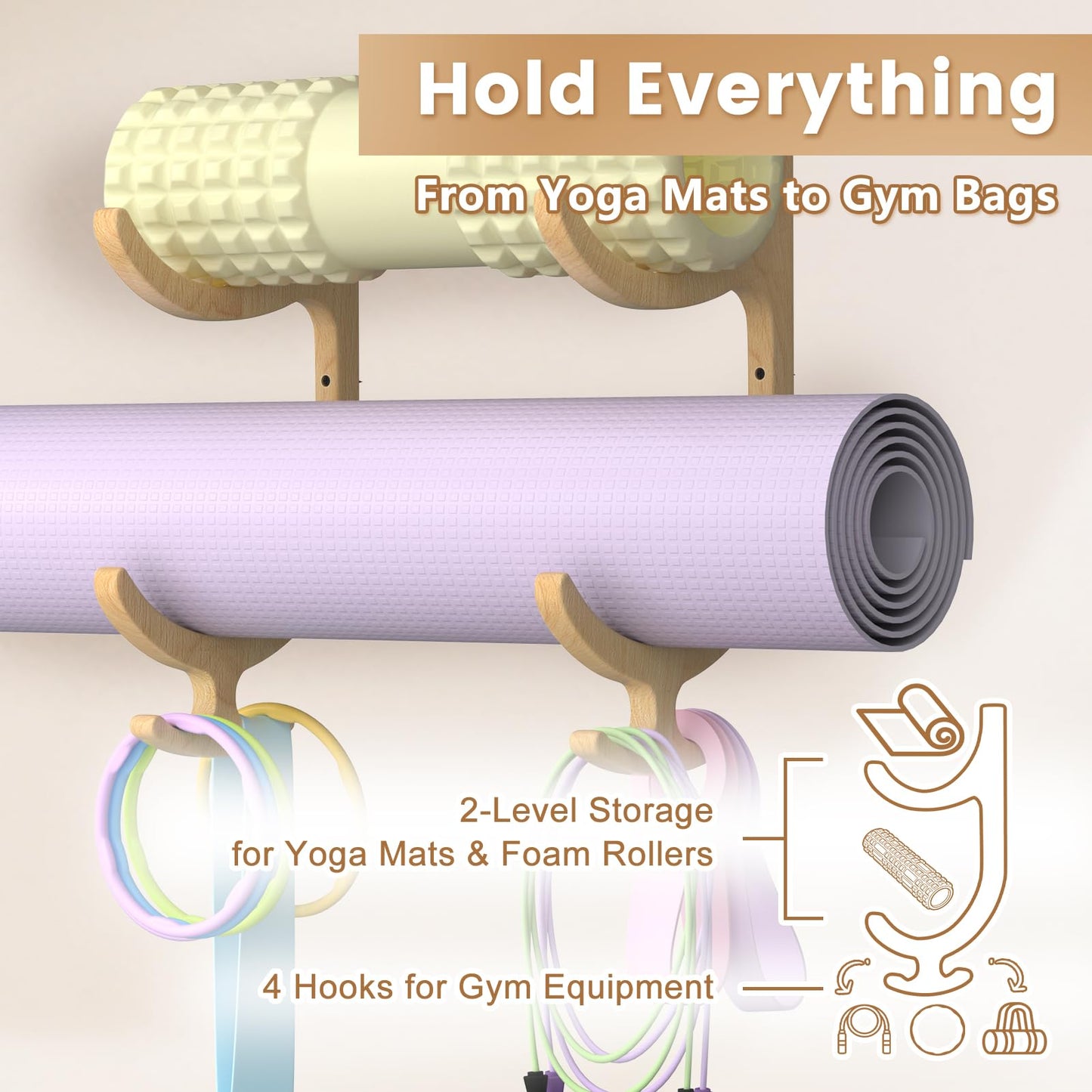 BSTSLL Wooden Yoga Mat Holder Wall Mount, Yoga Mat Storage Rack, Home Gym Equipment Organizer, Wall Mount Workout Storage Holder for Hanging Foam Rollers and Resistance Bands (2-Tier)