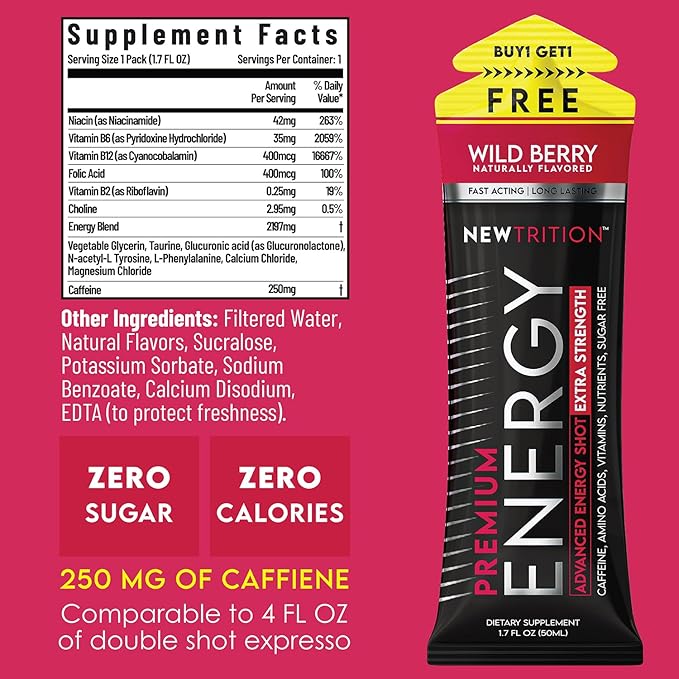 NewTrition® Extra Strength Energy Shots, 250mg Caffeine Energy Shots with Vitamin B & Amino Acids, Sugar-Free Vitamin Energy Shot, 1.7 fl oz (Pack of 6, Wild Berry)