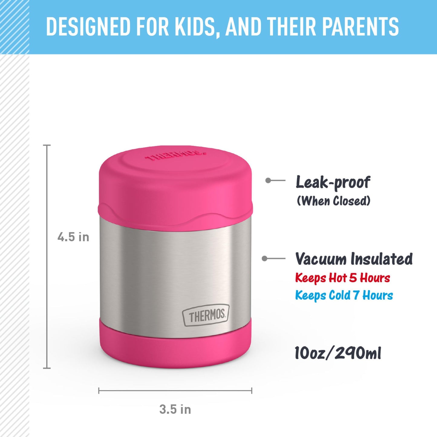 THERMOS FUNTAINER Insulated Food Jar, 10 Ounce, Kid Friendly Food Jar, Pink