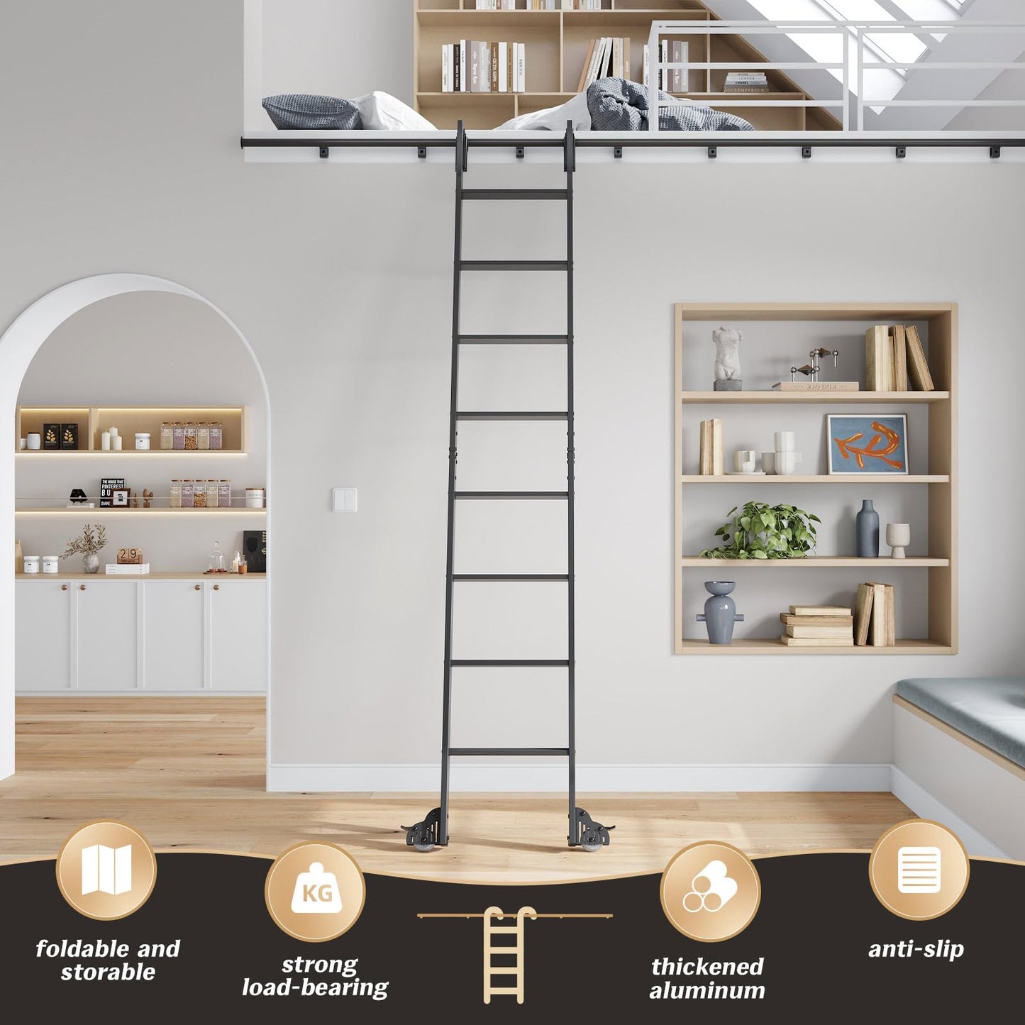 Fredbeck Aluminium Rolling Library Step Ladders 108" with 8FT Sliding Hardware Track Kit for Kitchen,Loft,Warehouses,Bookstore,attic,Metal Black