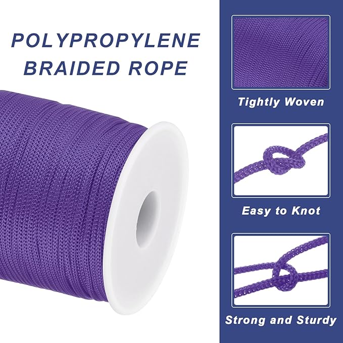 MECCANIXITY 1/12 Inch Polypropylene Rope Braided Ropes, 328ft Nylon Rope Hollow Utility Cord for Clothesline, Camping, Hiking, Outdoor, Dark Purple
