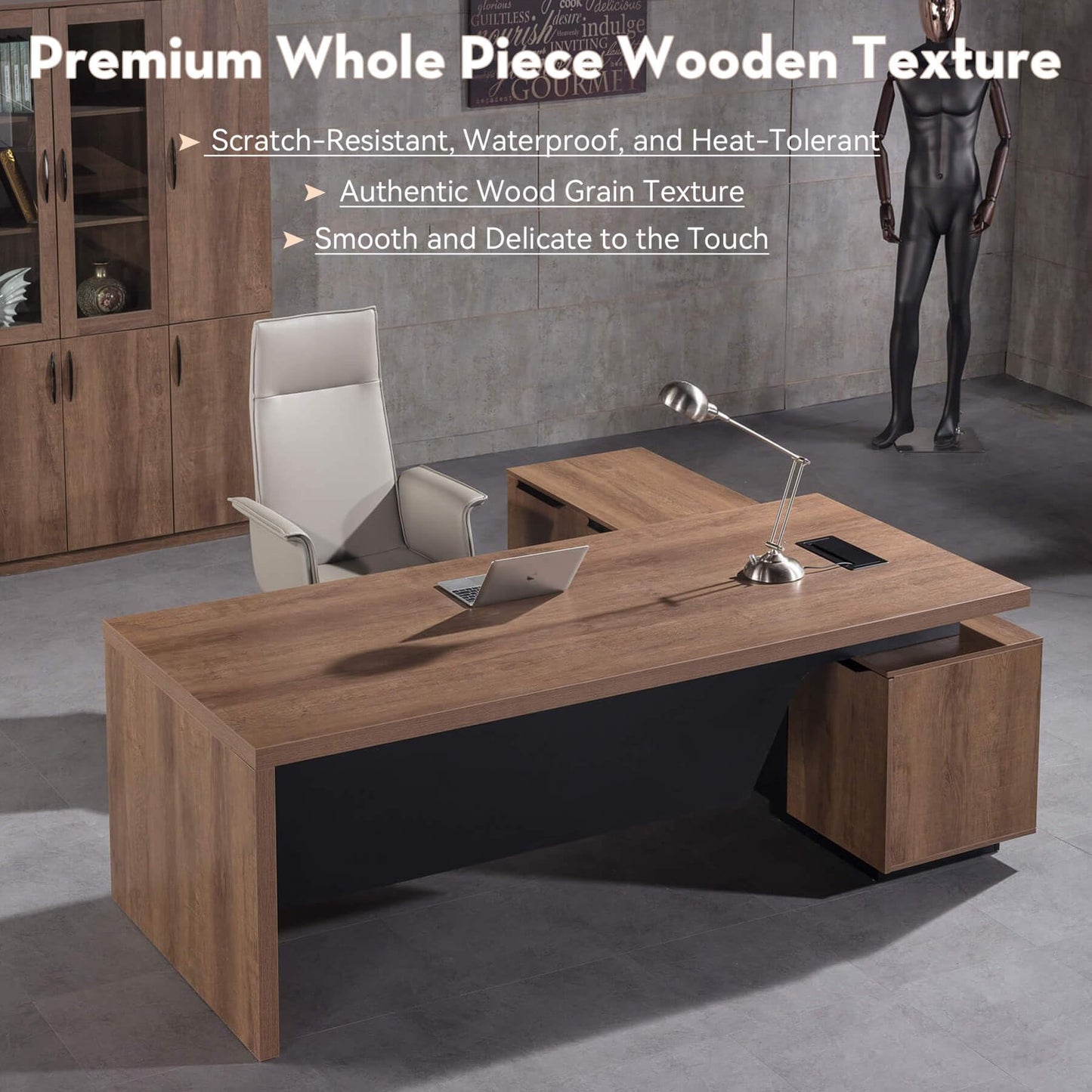 Retractable L-Shaped Executive Desk, Modern Office Desk with Drawers and Lateral File Cabinet, Large Computer Desk with Storage Shelves, Workstation for Home Office (Left Return, 86.6 - 94.5 IN)