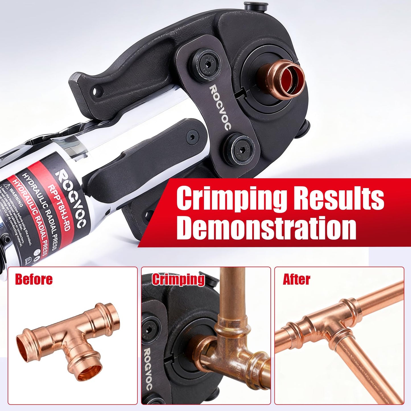 ROGVOC Hydraulic ProPress Tool, Copper Pipe Crimping Tool with 1/2, 3/4, 1 Inch Jaws, Compact Hydraulic Press Tool for Copper Tube Fittings, Ideal for Tight Spaces and Most Copper Press Systems